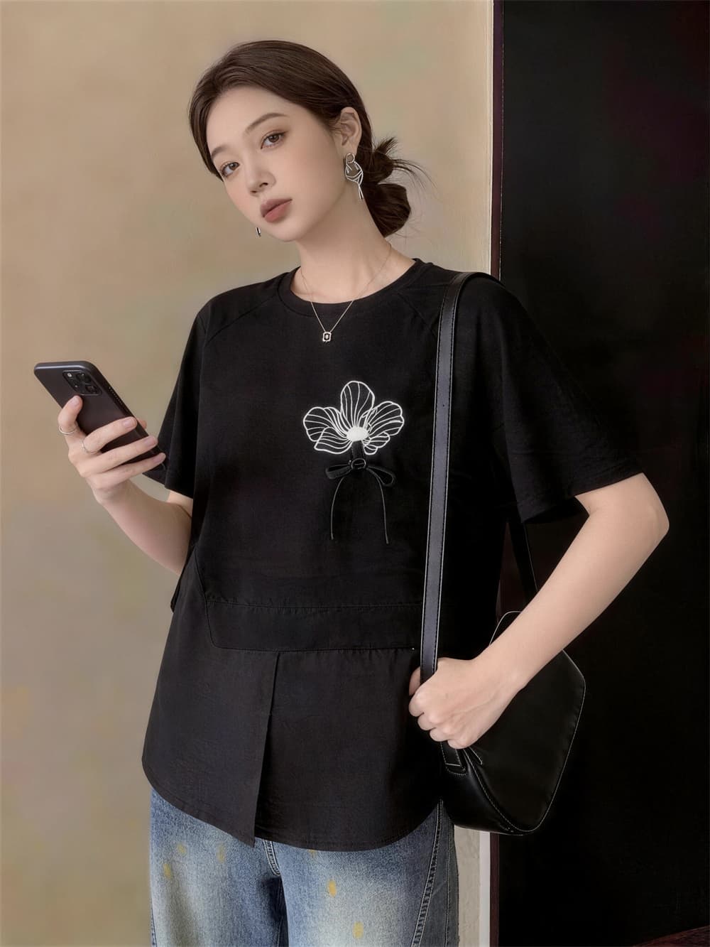 실사 빅 사이즈 여성 의류 여름 달콤함 루즈핏 캐주얼 바람 패션 풀오버 패션 꽃 프린트 페이크 레이어드 맨위 상세 이미지 12
