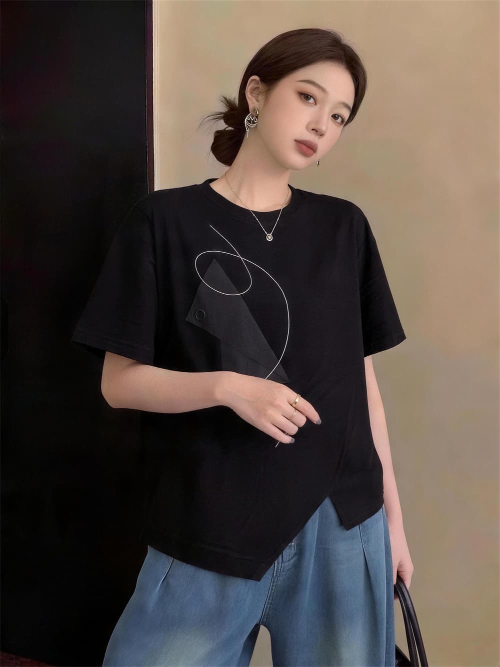 실사 빅 사이즈 여름 새로운 지방 mm 외국 가스 연령 감소 루즈핏 캐주얼 패션 미니멀리즘 패치워크 반팔 티셔츠 상세 이미지 5