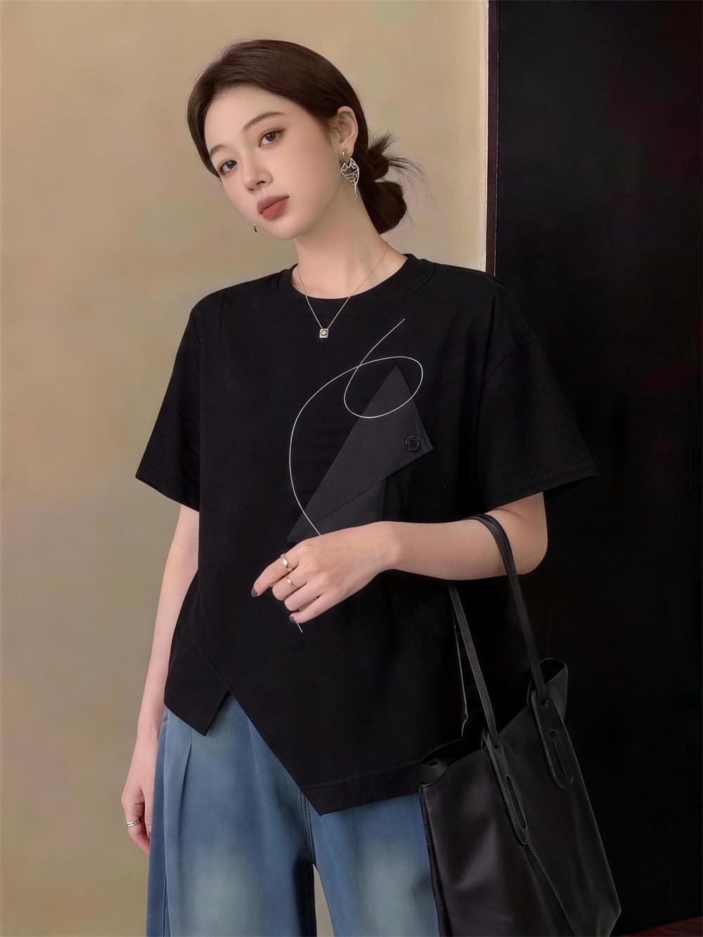 실사 빅 사이즈 여름 새로운 지방 mm 외국 가스 연령 감소 루즈핏 캐주얼 패션 미니멀리즘 패치워크 반팔 티셔츠 상세 이미지 6