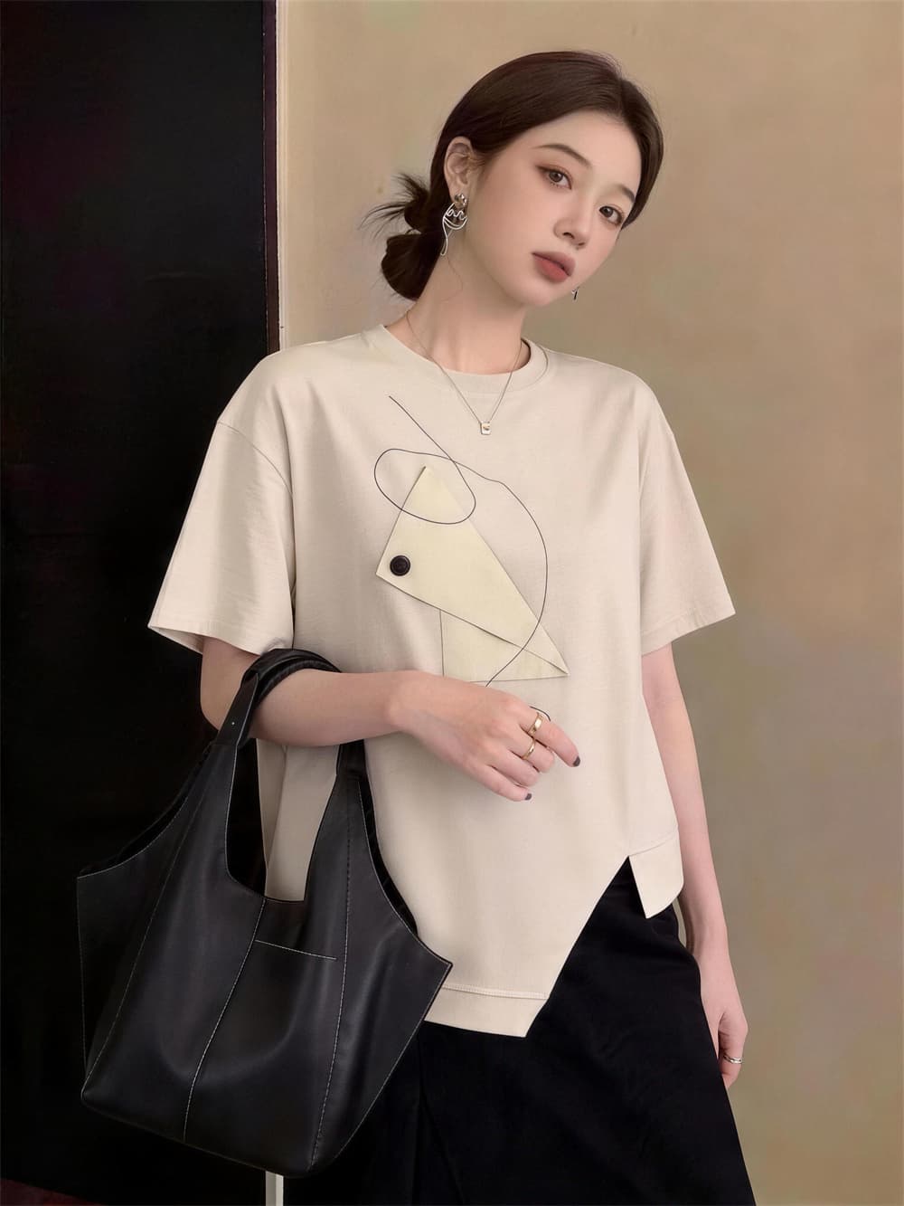 실사 빅 사이즈 여름 새로운 지방 mm 외국 가스 연령 감소 루즈핏 캐주얼 패션 미니멀리즘 패치워크 반팔 티셔츠 상세 이미지 7