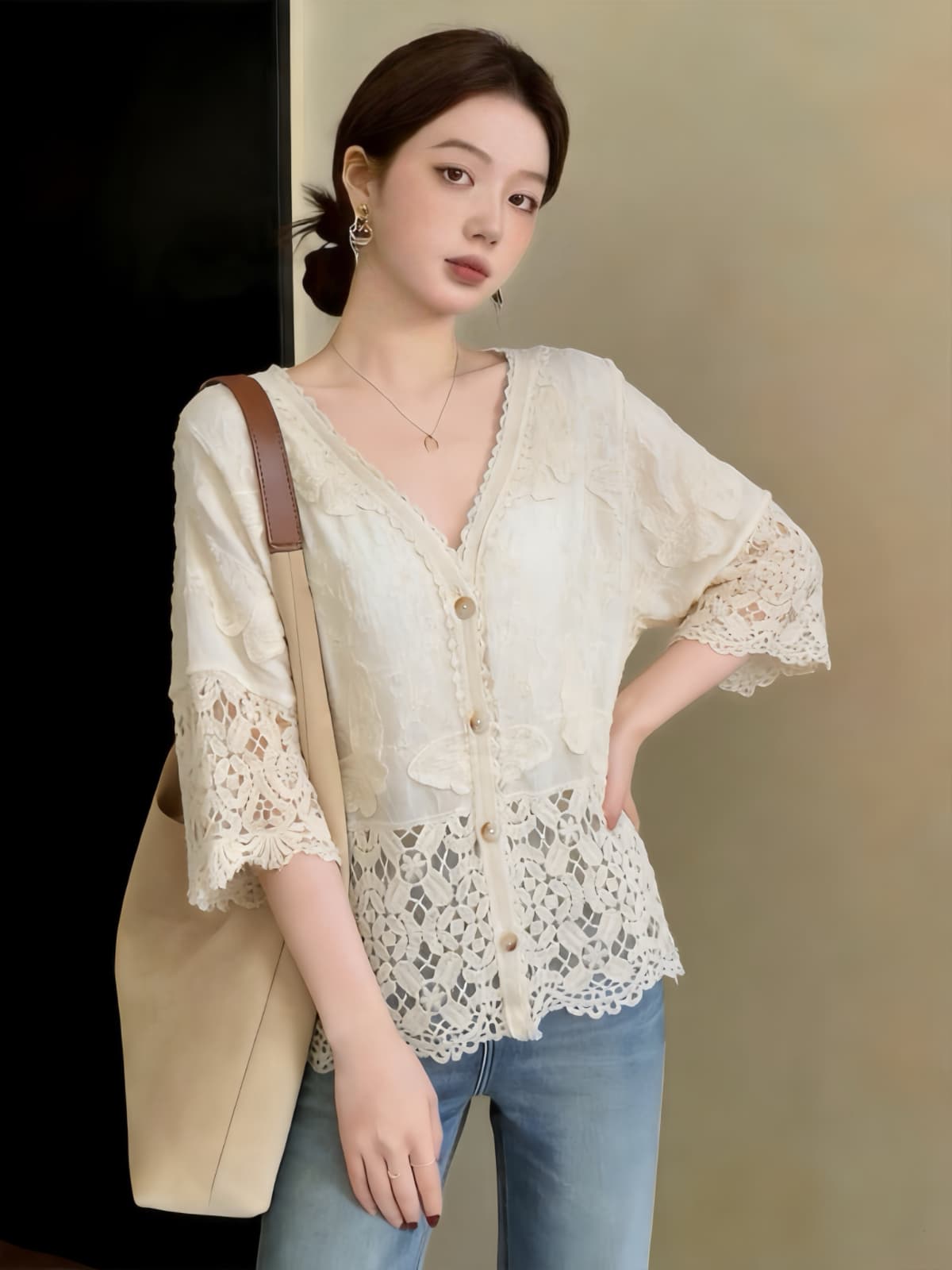실사 빅 사이즈 지방 mm 여름 새로운 V넥 3 차원 꽃 레이스 블라우스 7부 소매 자외선 차단 오픈 가디건 맨위 상세 이미지 9