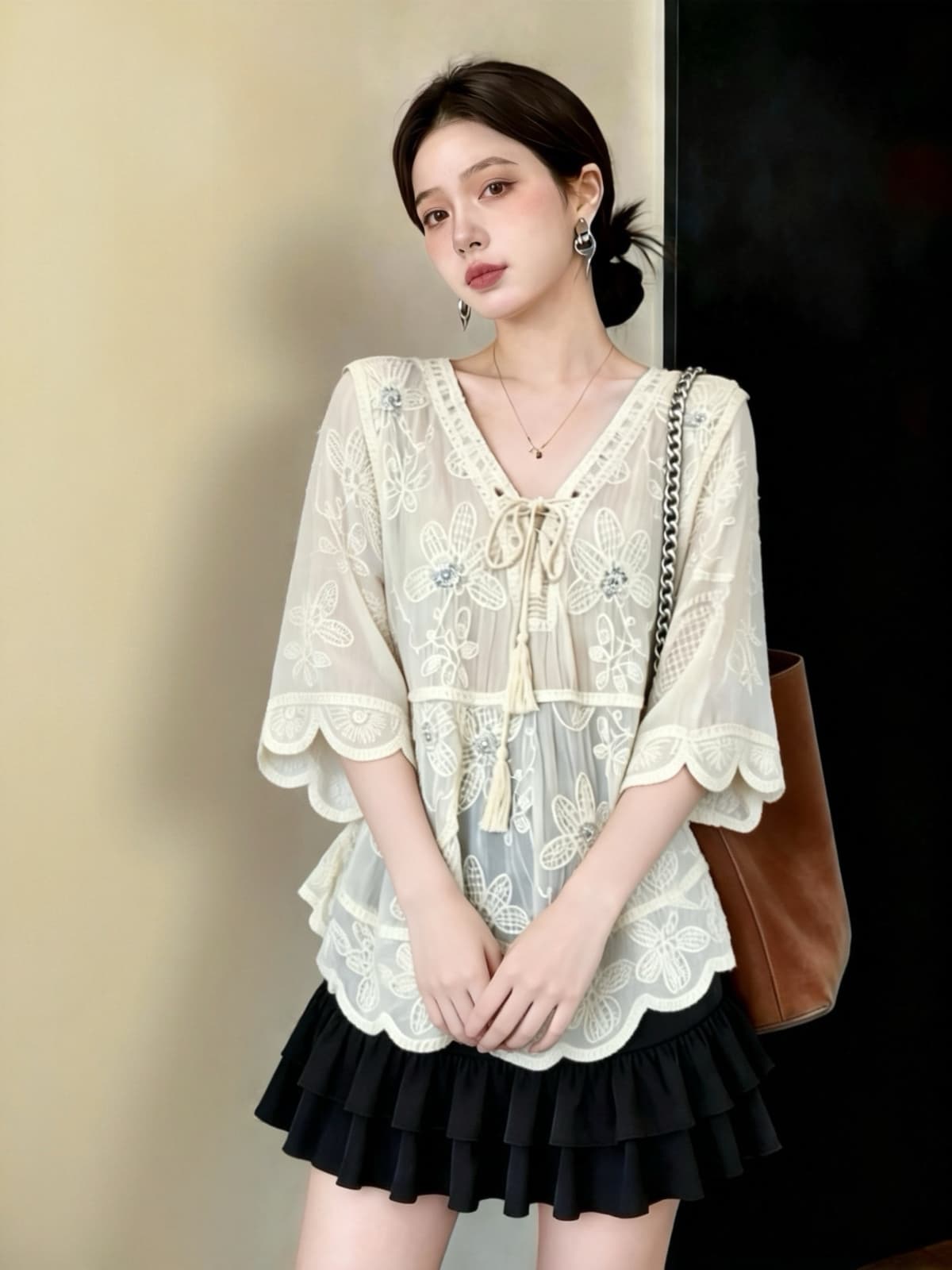 실사 빅 사이즈 지방 mm 여름 새로운 보헤미안 바람 무거운 작업 비즈 박기 자수 V넥 7부 소매 다용도 맨위 상세 이미지 3