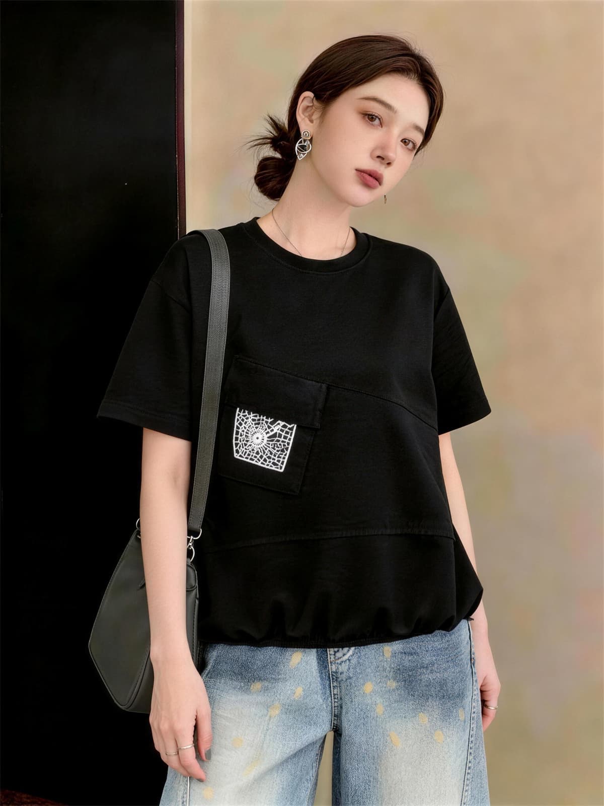실사 빅 사이즈 여성 의류 여름 드레스 새로운 지방 mm 맨위 레이스 주머니 Chic 펌프 로프 반팔 다용도 티셔츠 상세 이미지 8