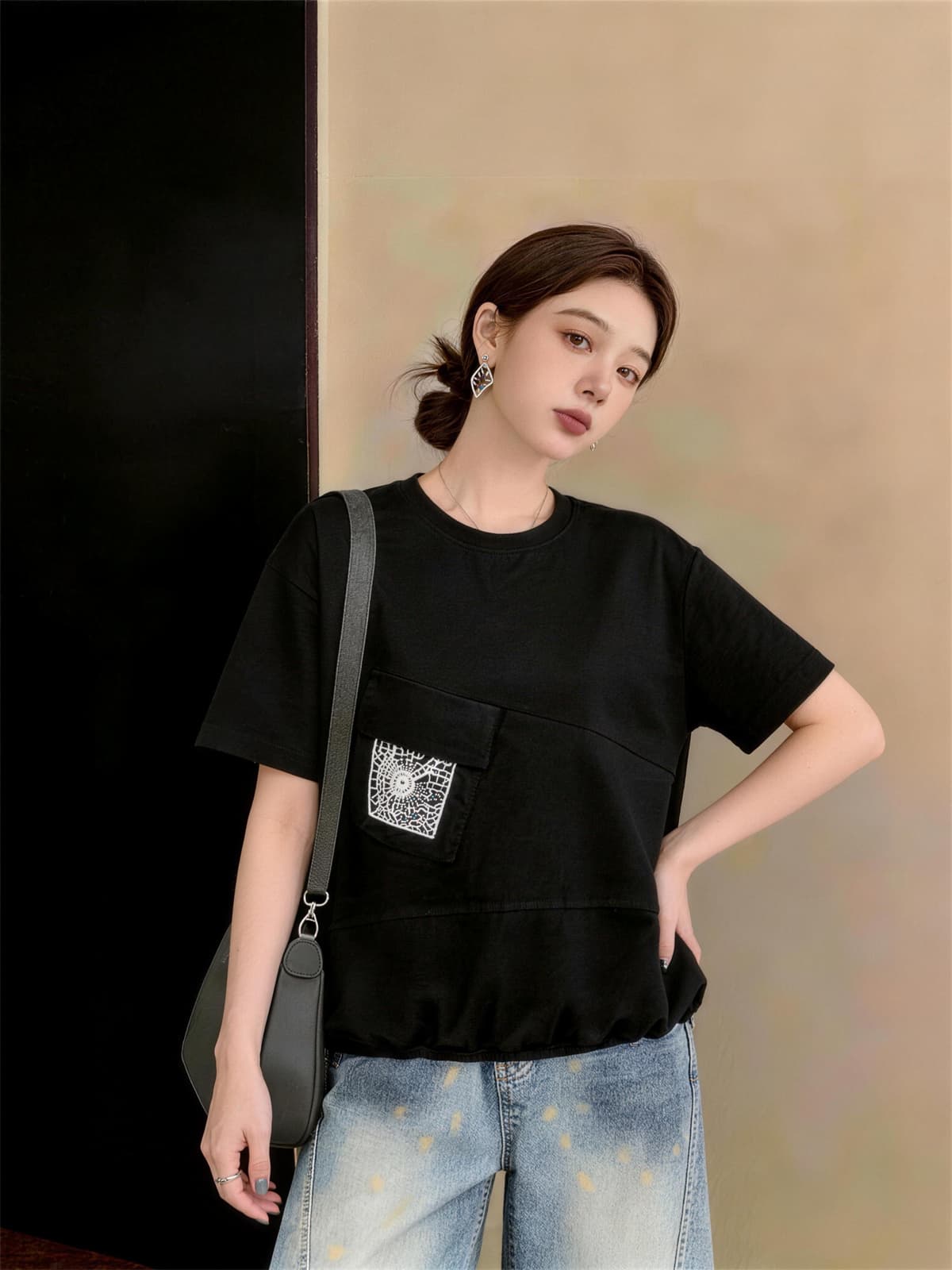 실사 빅 사이즈 여성 의류 여름 드레스 새로운 지방 mm 맨위 레이스 주머니 Chic 펌프 로프 반팔 다용도 티셔츠 상세 이미지 10