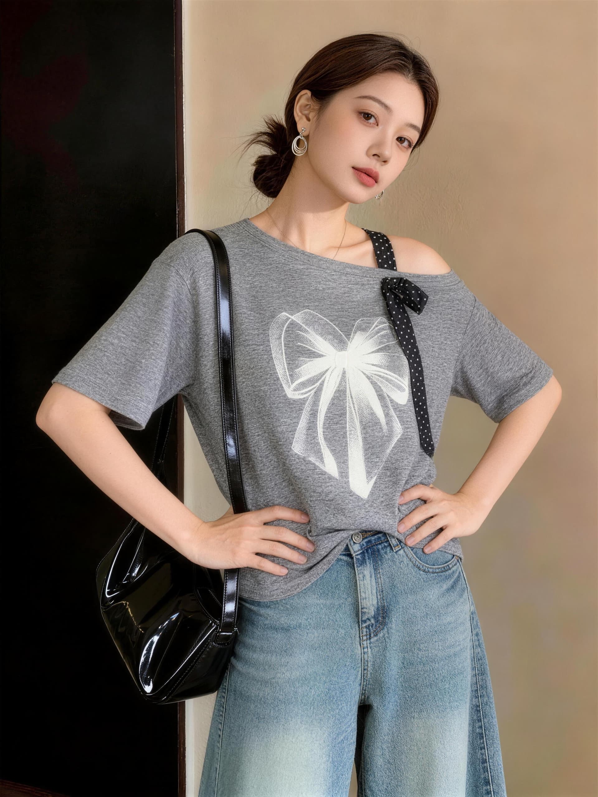 실사 빅 사이즈 여성 의류 나비 프린트 다용도 티셔츠 반팔 여름 루즈핏 디자인 센스 비스듬한 어깨 리본 맨위 상세 이미지 11