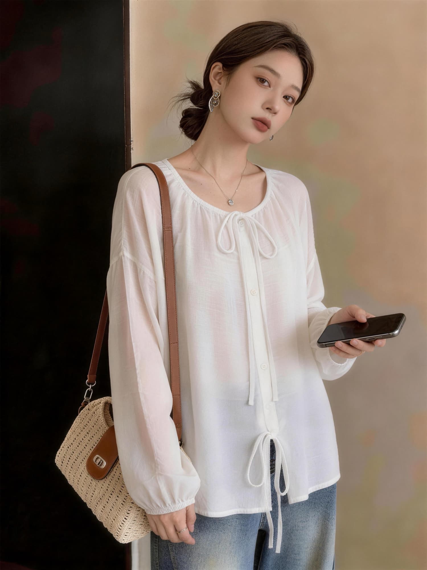 실사 빅 사이즈 여성 의류 여름 루즈핏 다용도 자외선 차단 의류 라운드 넥 나비 매듭 미니멀리즘 디자인 센스 캐주얼 긴팔 셔츠 상세 이미지 10