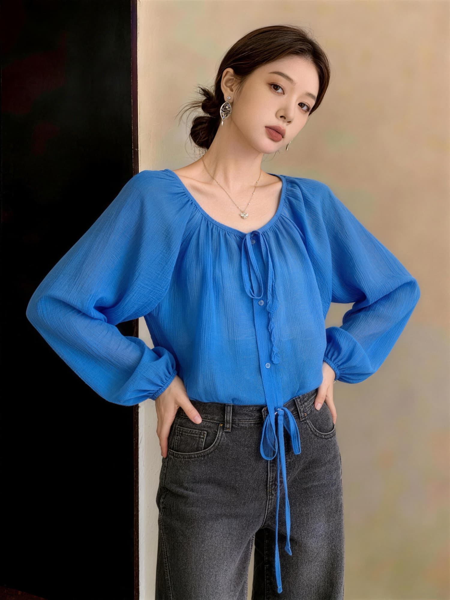 실사 빅 사이즈 여성 의류 여름 루즈핏 다용도 자외선 차단 의류 라운드 넥 나비 매듭 미니멀리즘 디자인 센스 캐주얼 긴팔 셔츠 상세 이미지 13