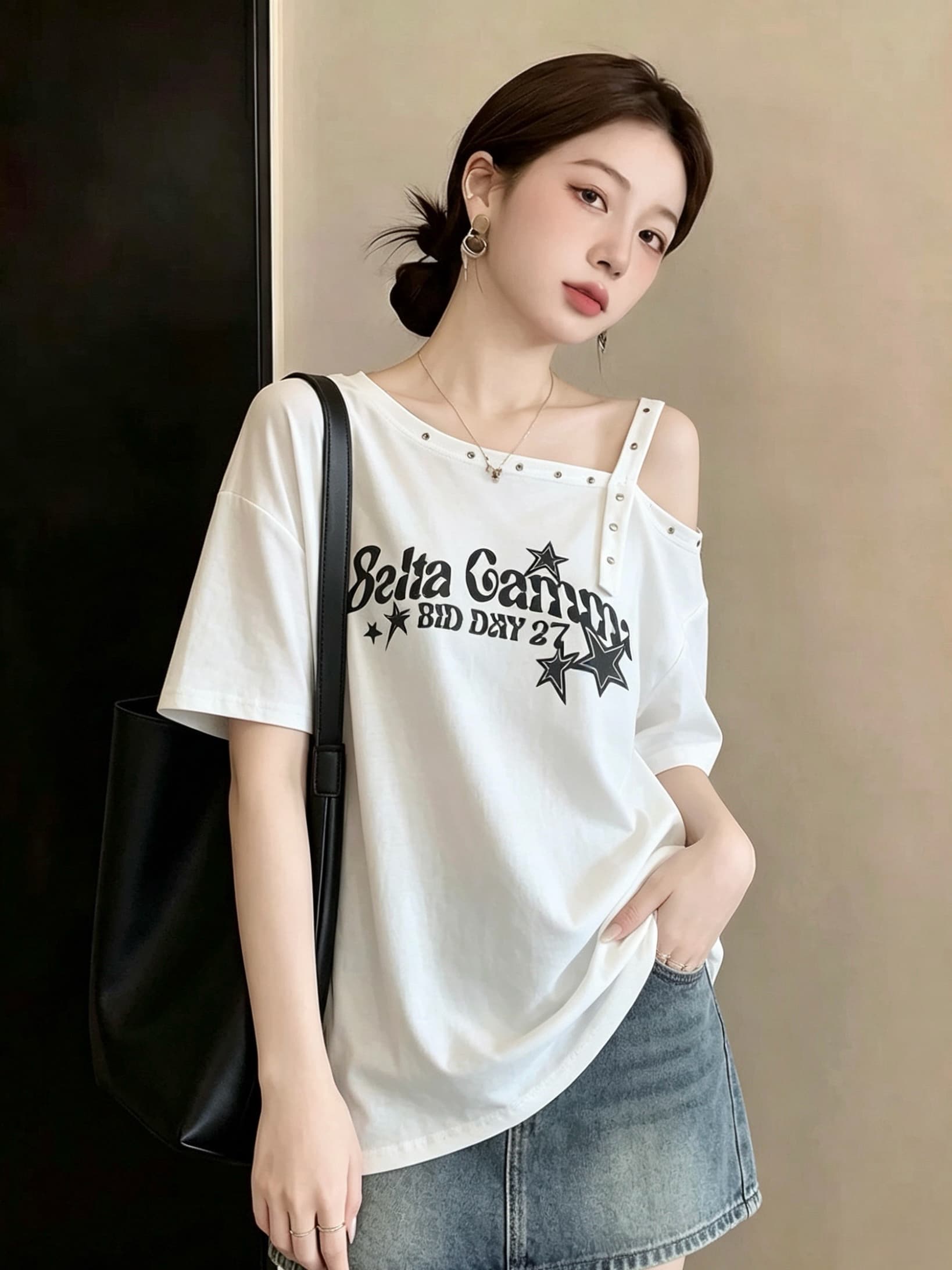 실사 빅 사이즈 여성 의류 여름 통통한 여동생 알파벳 프린트 비스듬한 칼라 오프숄더 티셔츠 풀오버 루즈핏 슬림해 보이는 다용도 맨위 상세 이미지 3