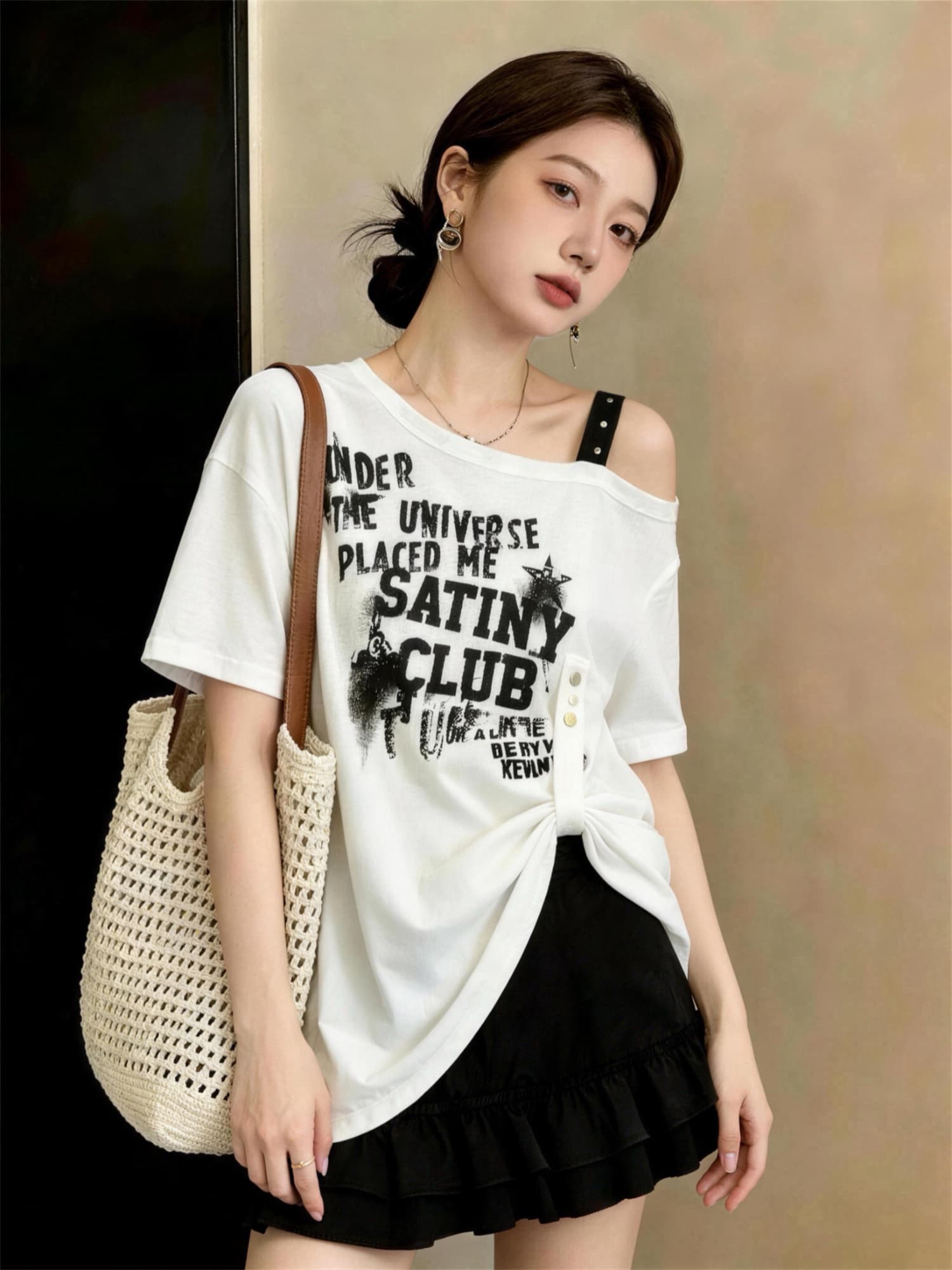 실사 빅 사이즈 여성 의류 여름 통통한 여동생 알파벳 프린트 비스듬한 칼라 오프숄더 티셔츠 풀오버 루즈핏 슬림해 보이는 다용도 맨위 상세 이미지 5