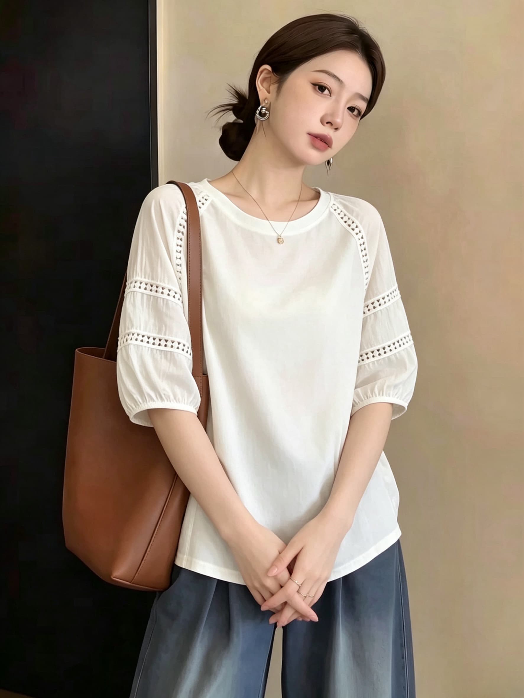 실사 빅 사이즈 여성 의류 지방 mm 새로운 디자인 센스 가을 어깨 꽃밭 반팔 표지 고기 슬림해 보이는 작은 셔츠 다용도 맨위 상세 이미지 5