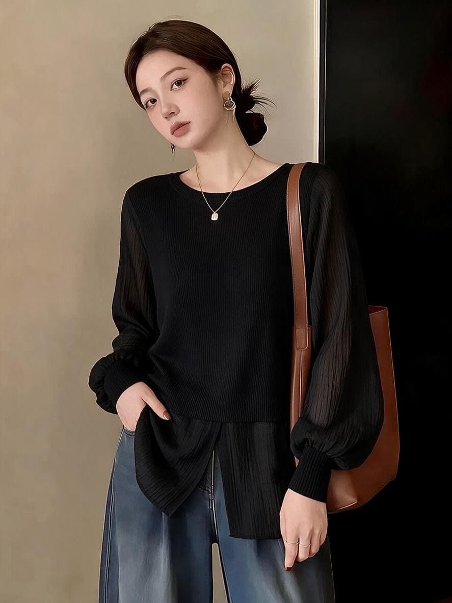실사 빅 사이즈 여성 의류 가을 겨울 한국 스타일 라운드 넥 풀오버 니트 패치워크 셔츠 가짜 2 피스 슈트 루즈핏 셔츠 맨위 이미지 2