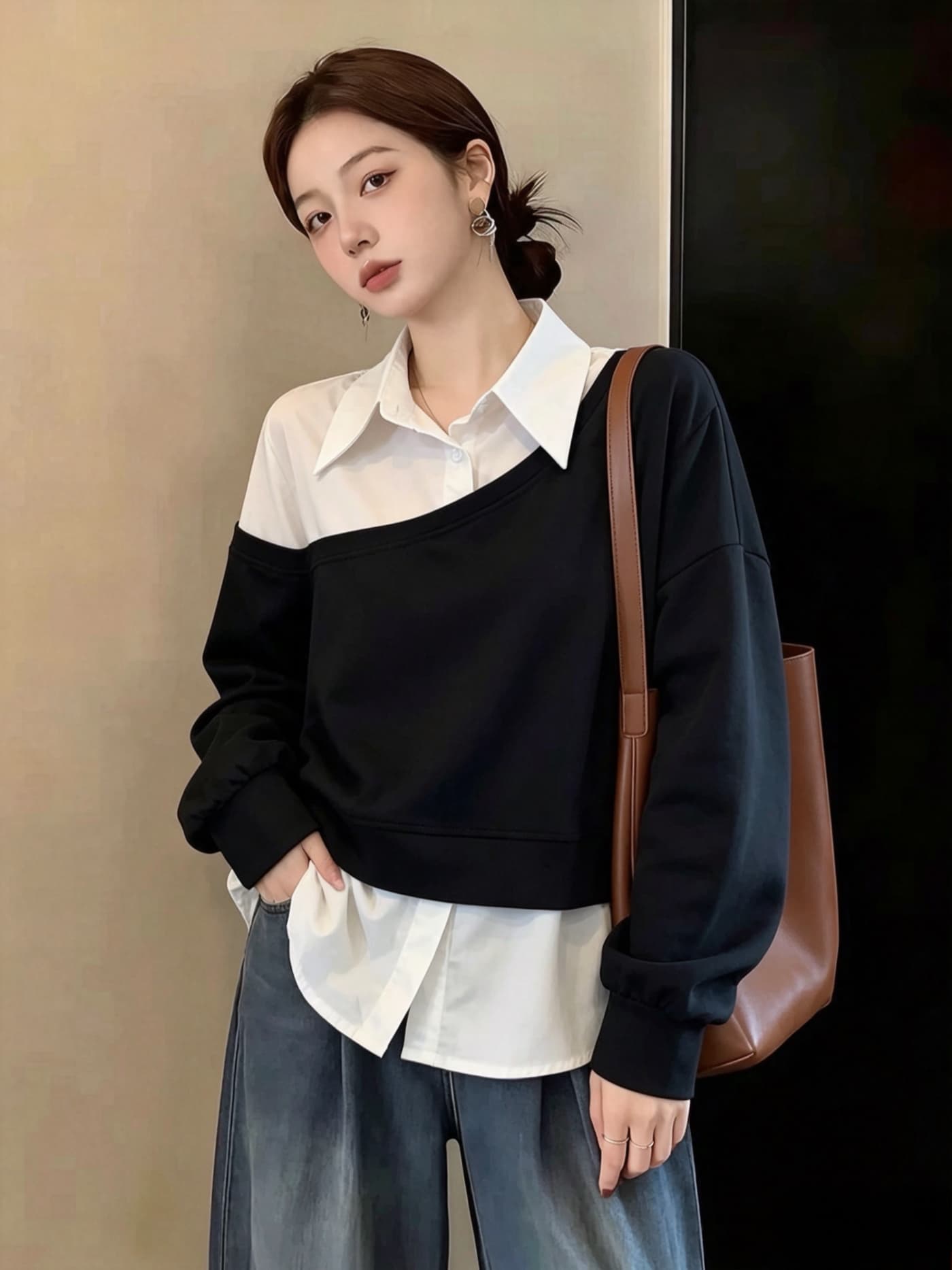 실사 빅 사이즈 여성 의류 고유 한 셔츠 패치워크 단색 긴팔 후드티 지방 mm Chic 페이크 레이어드 맨위 이미지 2