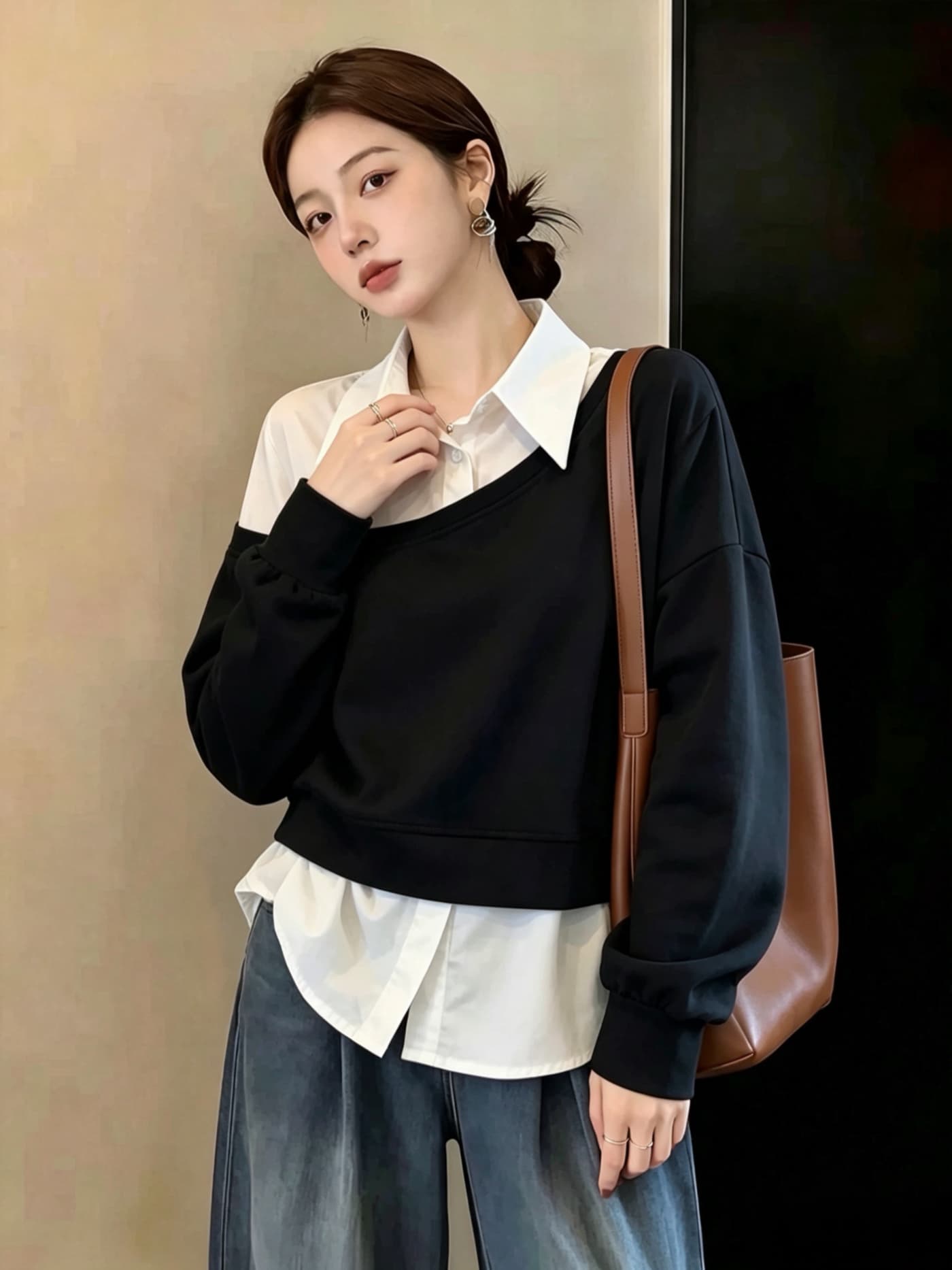 실사 빅 사이즈 여성 의류 고유 한 셔츠 패치워크 단색 긴팔 후드티 지방 mm Chic 페이크 레이어드 맨위 이미지 4