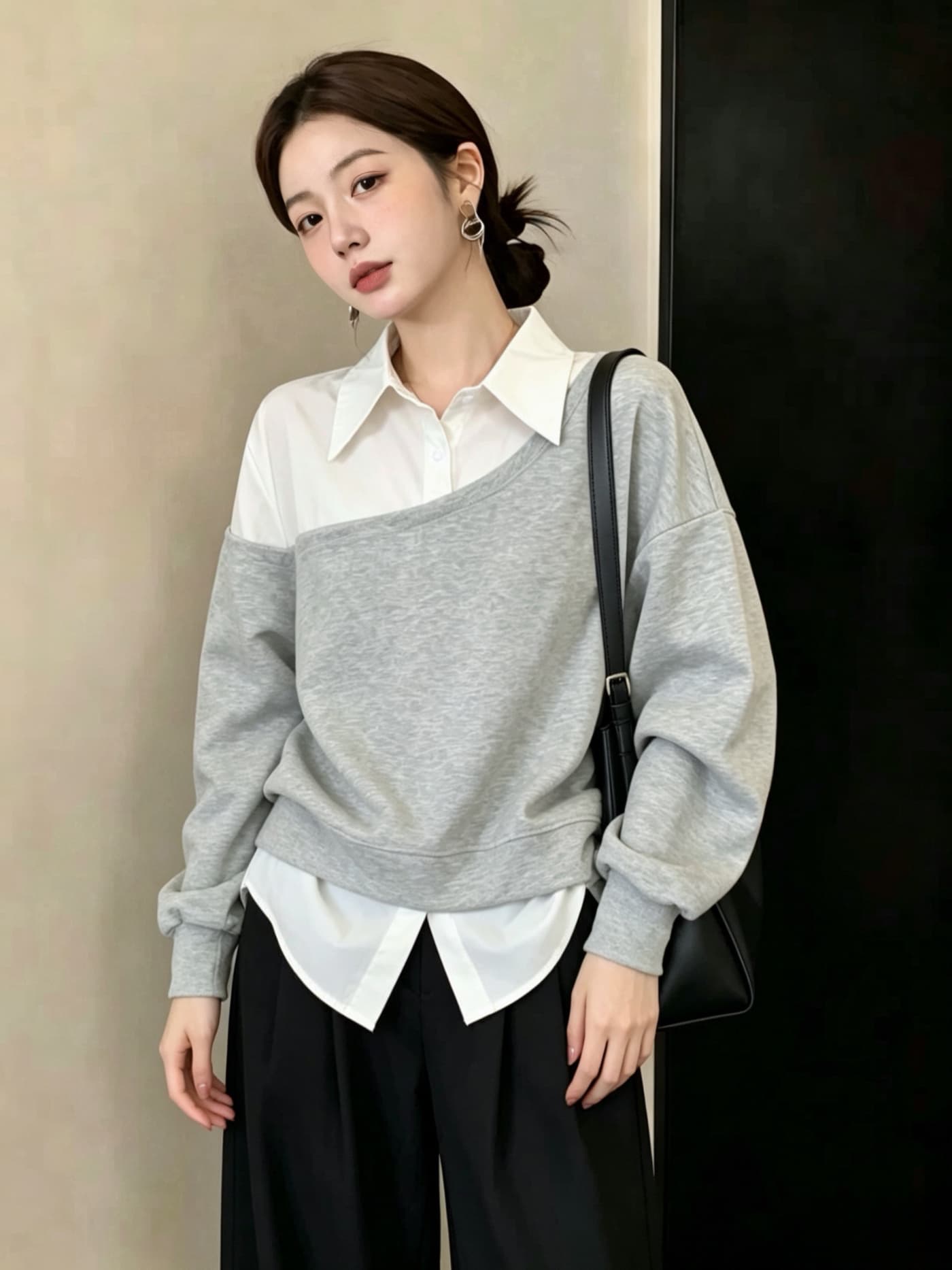 실사 빅 사이즈 여성 의류 고유 한 셔츠 패치워크 단색 긴팔 후드티 지방 mm Chic 페이크 레이어드 맨위 이미지 5