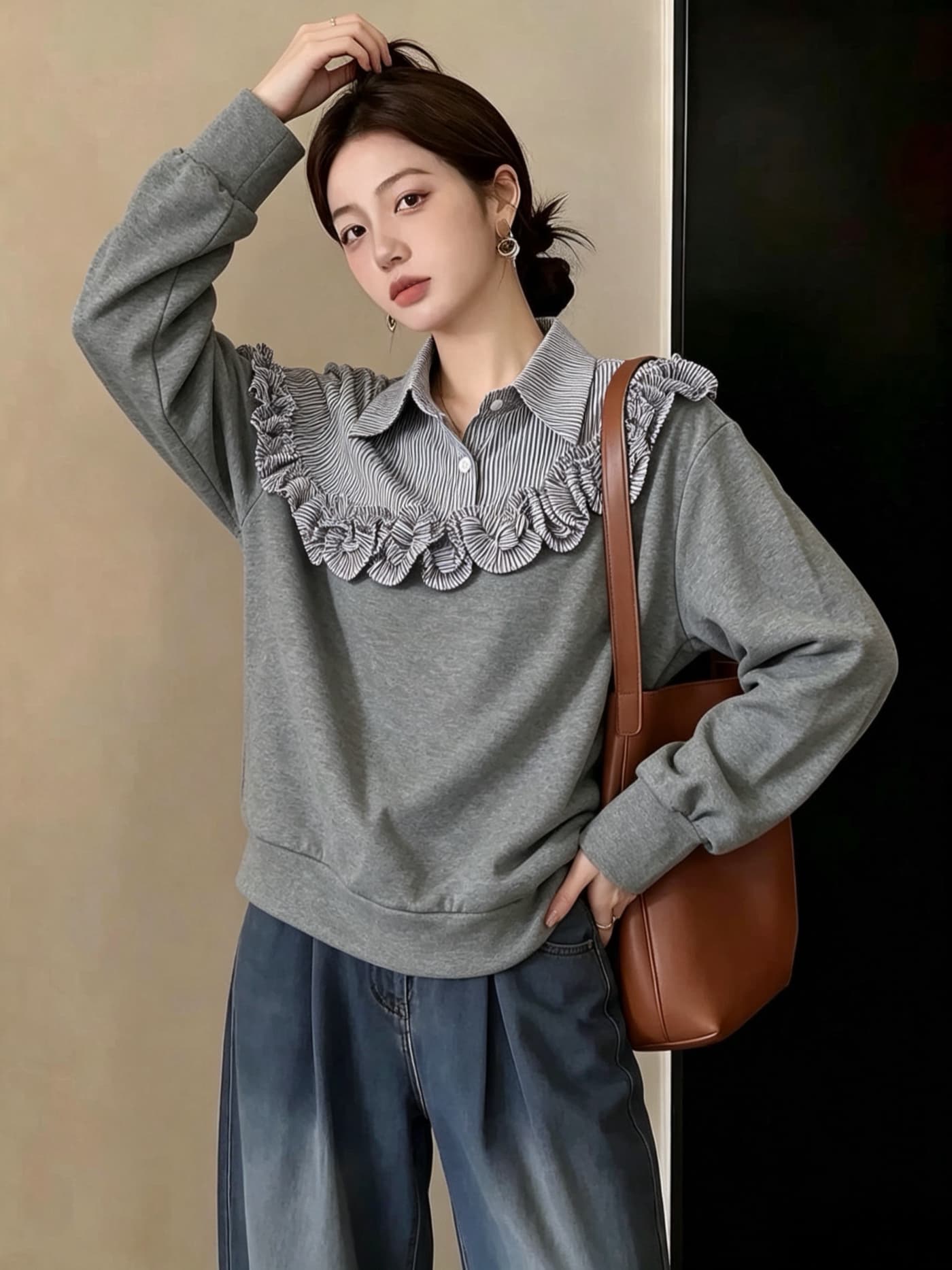 실사 빅 사이즈 여성 의류 고유 한 셔츠 패치워크 단색 긴팔 후드티 지방 mm Chic 페이크 레이어드 맨위 상세 이미지 5