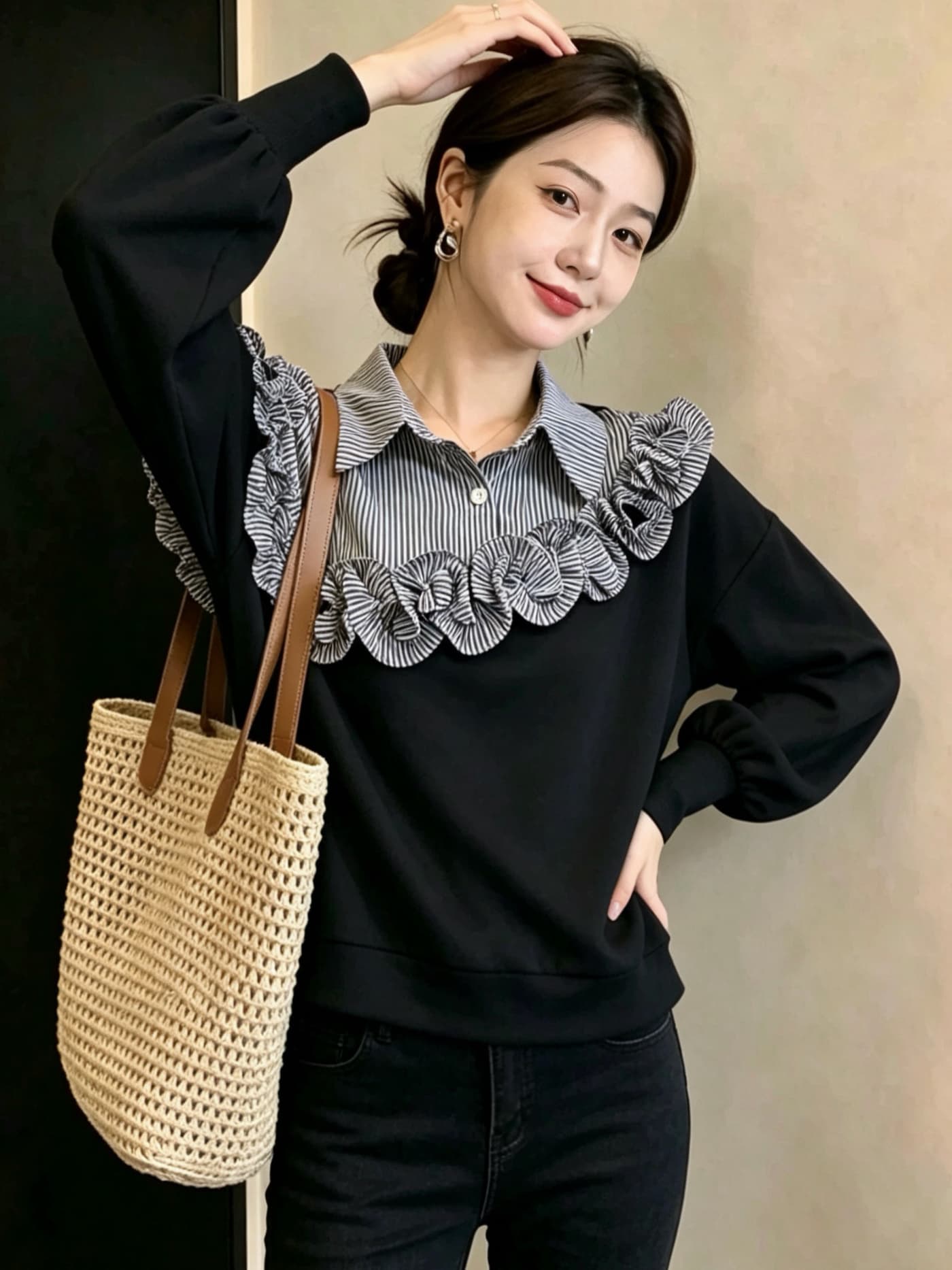 실사 빅 사이즈 여성 의류 고유 한 셔츠 패치워크 단색 긴팔 후드티 지방 mm Chic 페이크 레이어드 맨위 상세 이미지 12