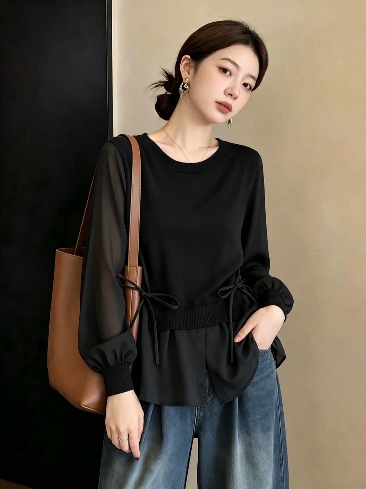 실사 빅 사이즈 여성 의류 가을 새로운 루즈핏 슬림해 보이는 연령 감소 페이크 레이어드 니트 쉬폰 블라우스 한국 스타일 맨위 상세 이미지 3