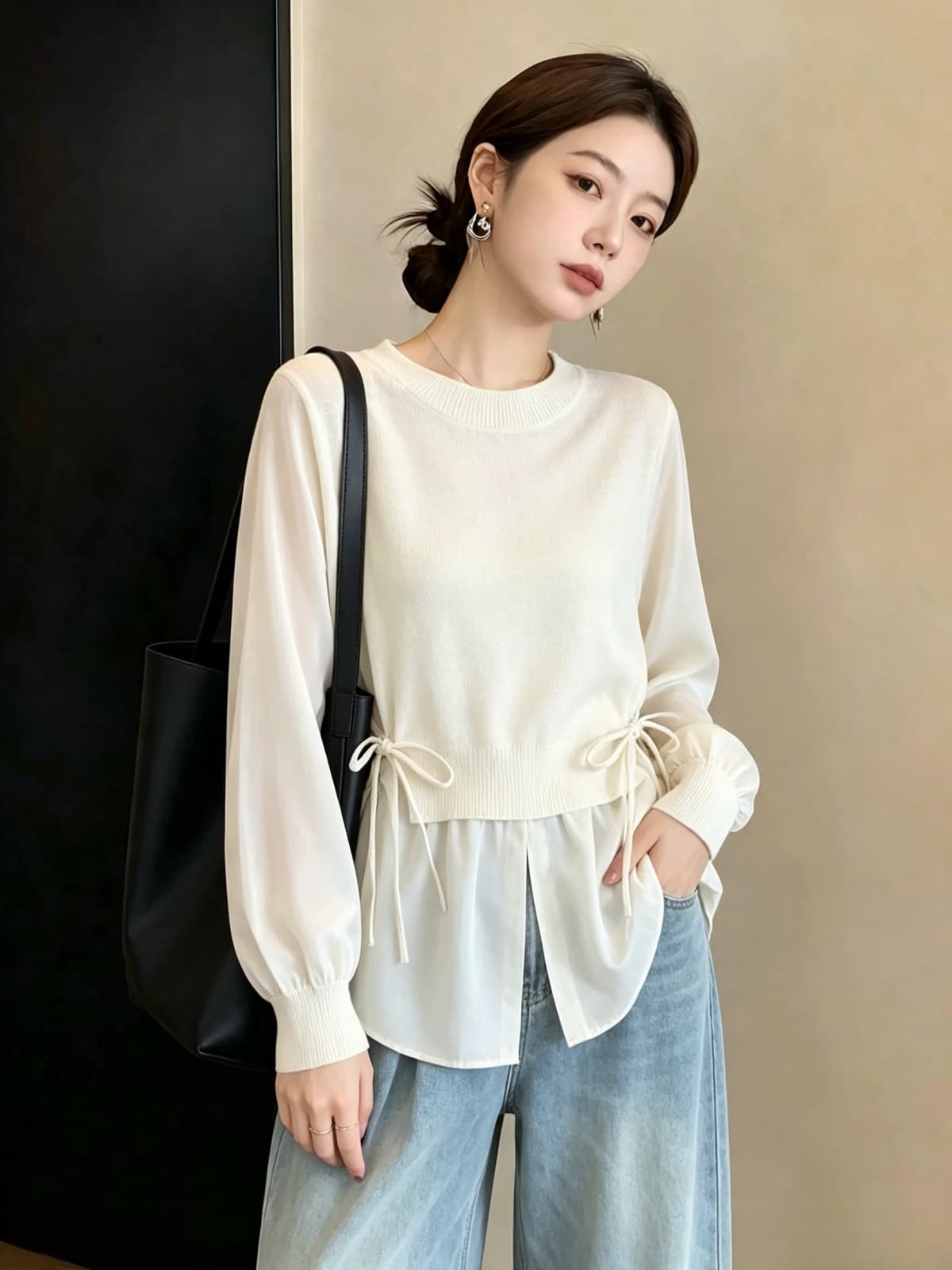 실사 빅 사이즈 여성 의류 가을 새로운 루즈핏 슬림해 보이는 연령 감소 페이크 레이어드 니트 쉬폰 블라우스 한국 스타일 맨위 상세 이미지 5