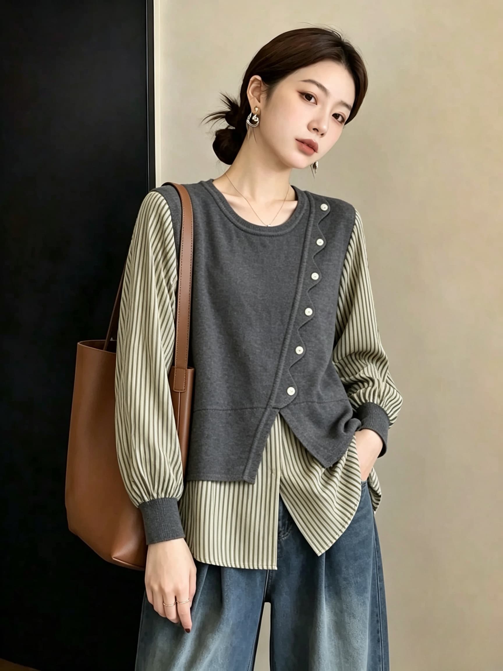 실사 빅 사이즈 새로운 스트라이프 패치워크 페이크 레이어드 셔츠 디자인 센스 작은 대중 루즈핏 슬림해 보이는 긴팔 맨위