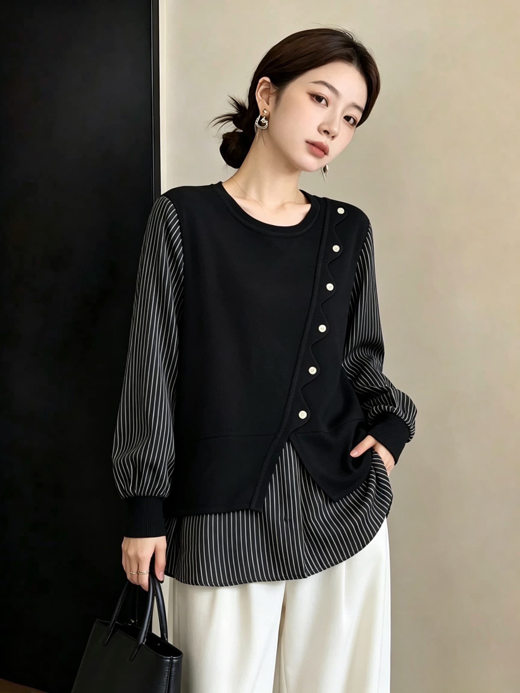 실사 빅 사이즈 새로운 스트라이프 패치워크 페이크 레이어드 셔츠 디자인 센스 작은 대중 루즈핏 슬림해 보이는 긴팔 맨위 이미지 2
