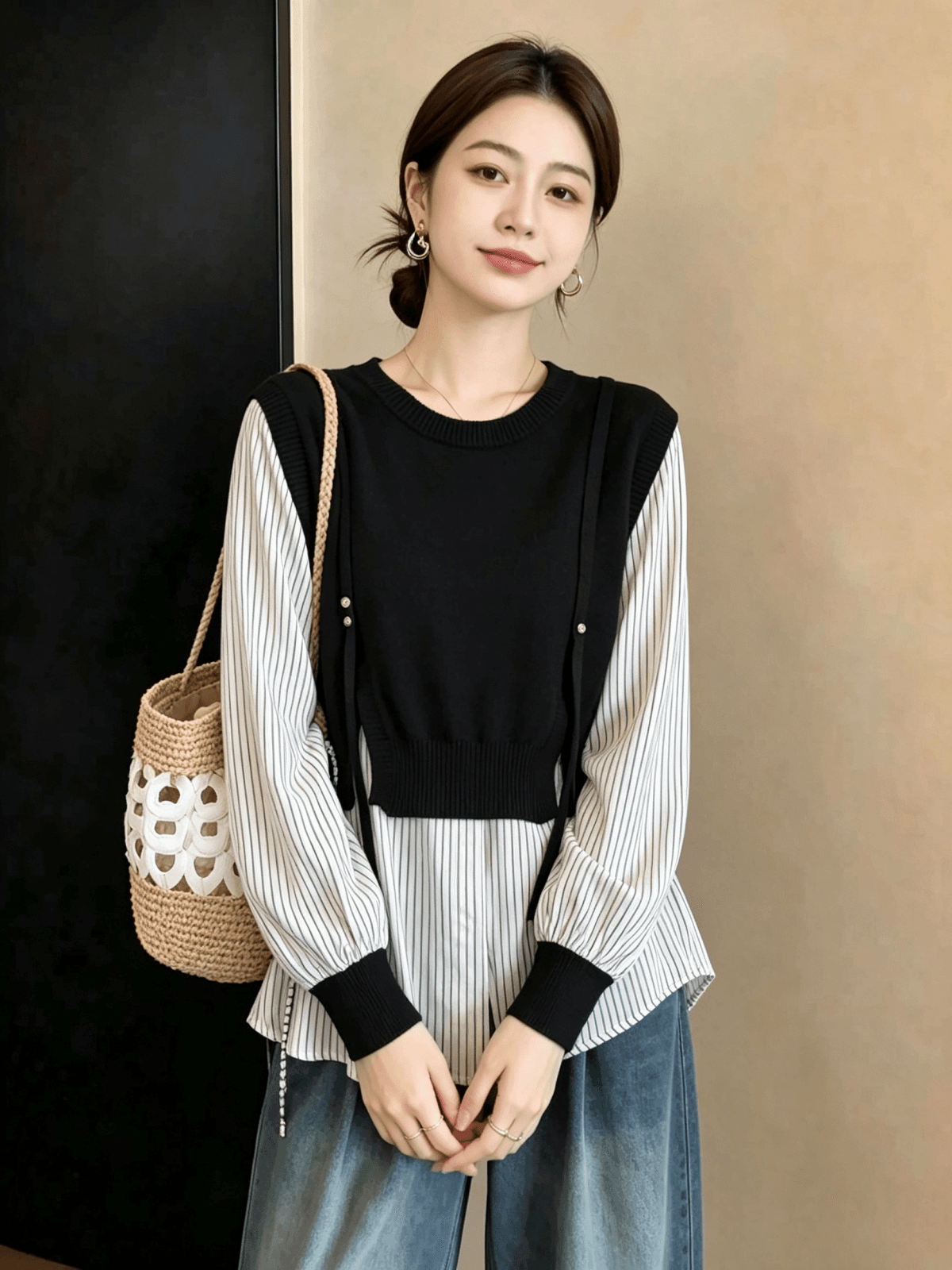 실사 빅 사이즈 여성 의류 2026 새로운 가을 슬림해 보이는 고급 센스 루즈핏 연령 감소 페이크 레이어드 긴팔 셔츠 이미지 2