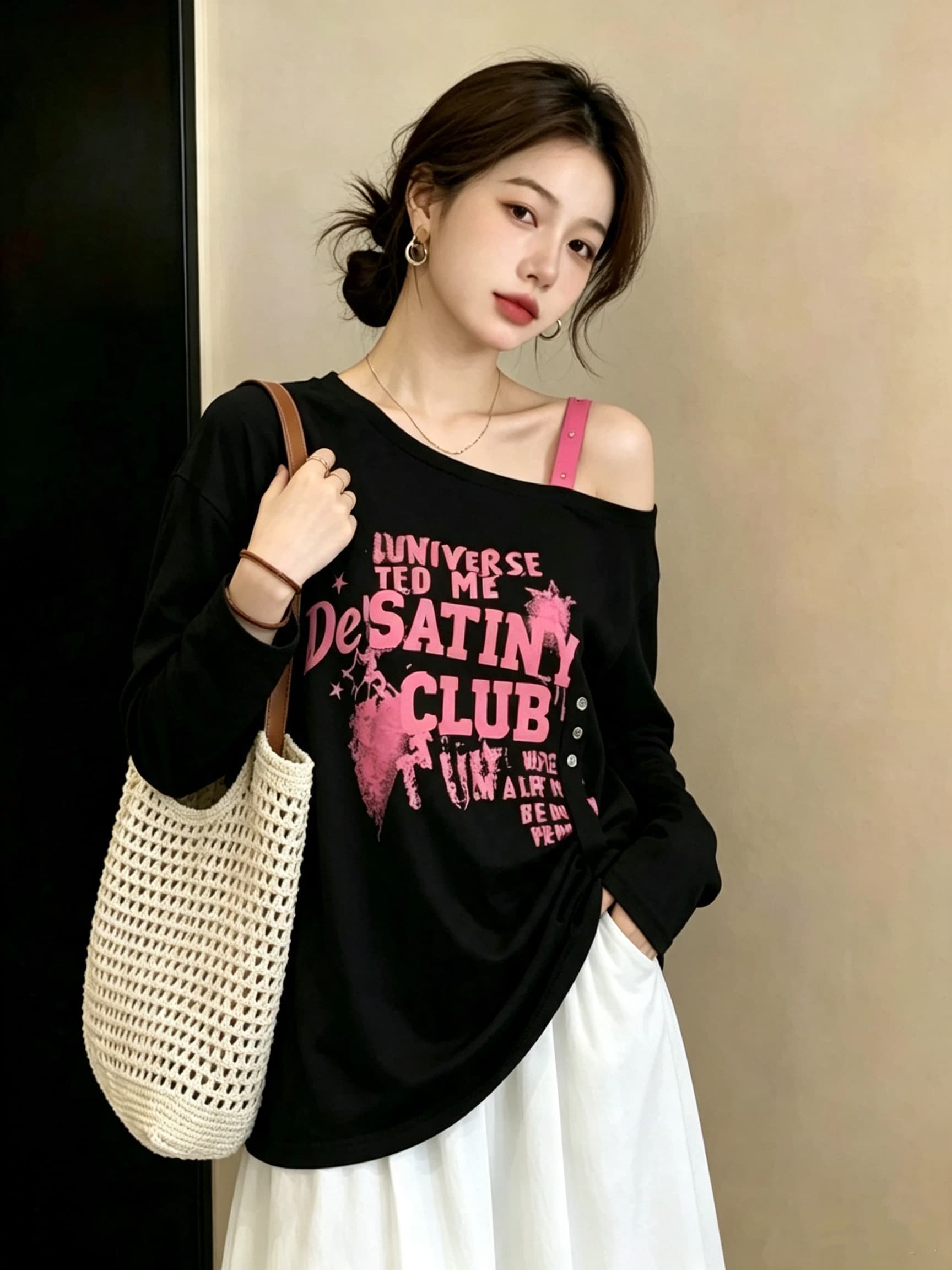 실사 빅 사이즈 여성 의류 가을 새로운 개성 비스듬한 어깨 다용도 알파벳 티셔츠 루즈핏 슬림해 보이는 표지 고기 맨위 상세 이미지 15