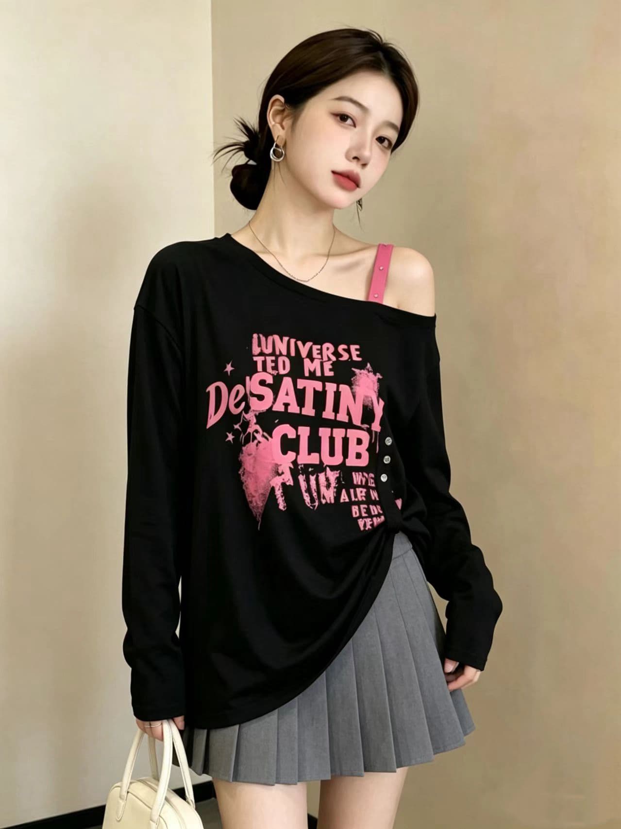 실사 빅 사이즈 여성 의류 레트로 느긋한 chic 비스듬한 어깨 후드티 가을 새로운 알파벳 프린트 지방 mm 슬림해 보이는 맨위 상세 이미지 6