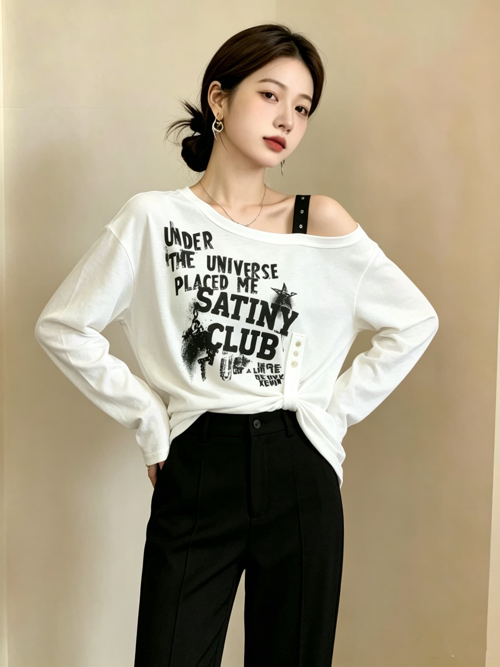 실사 빅 사이즈 여성 의류 레트로 느긋한 chic 비스듬한 어깨 후드티 가을 새로운 알파벳 프린트 지방 mm 슬림해 보이는 맨위 상세 이미지 9