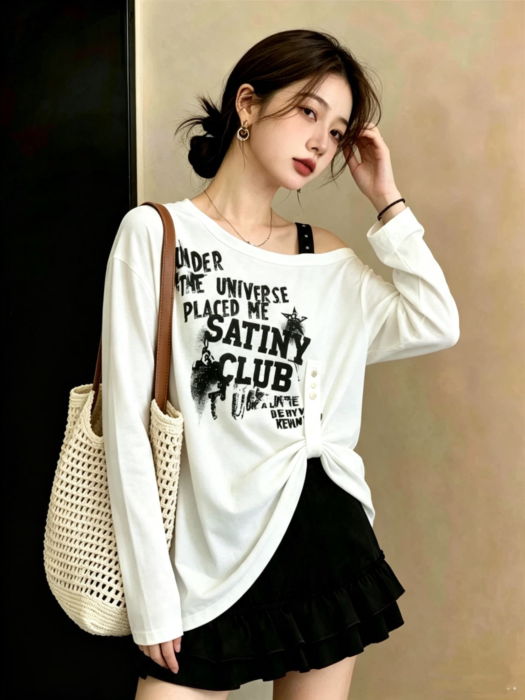 실사 빅 사이즈 여성 의류 레트로 느긋한 chic 비스듬한 어깨 후드티 가을 새로운 알파벳 프린트 지방 mm 슬림해 보이는 맨위 상세 이미지 10