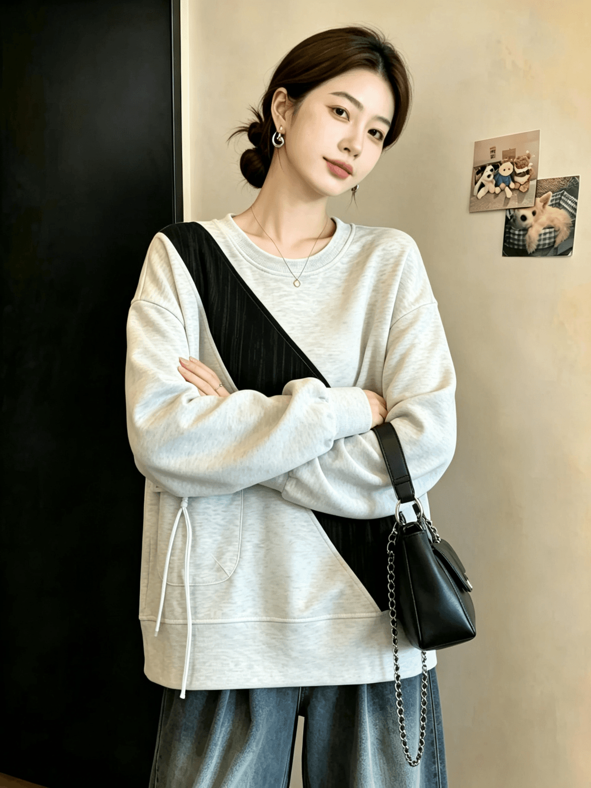 실사 빅 사이즈 가을 의상 새로운 루즈핏 캐주얼 표지 고기 슬림해 보이는 여성 의류 미니멀리즘 다용도 패치워크 긴팔 후드티 맨위 상세 이미지 5