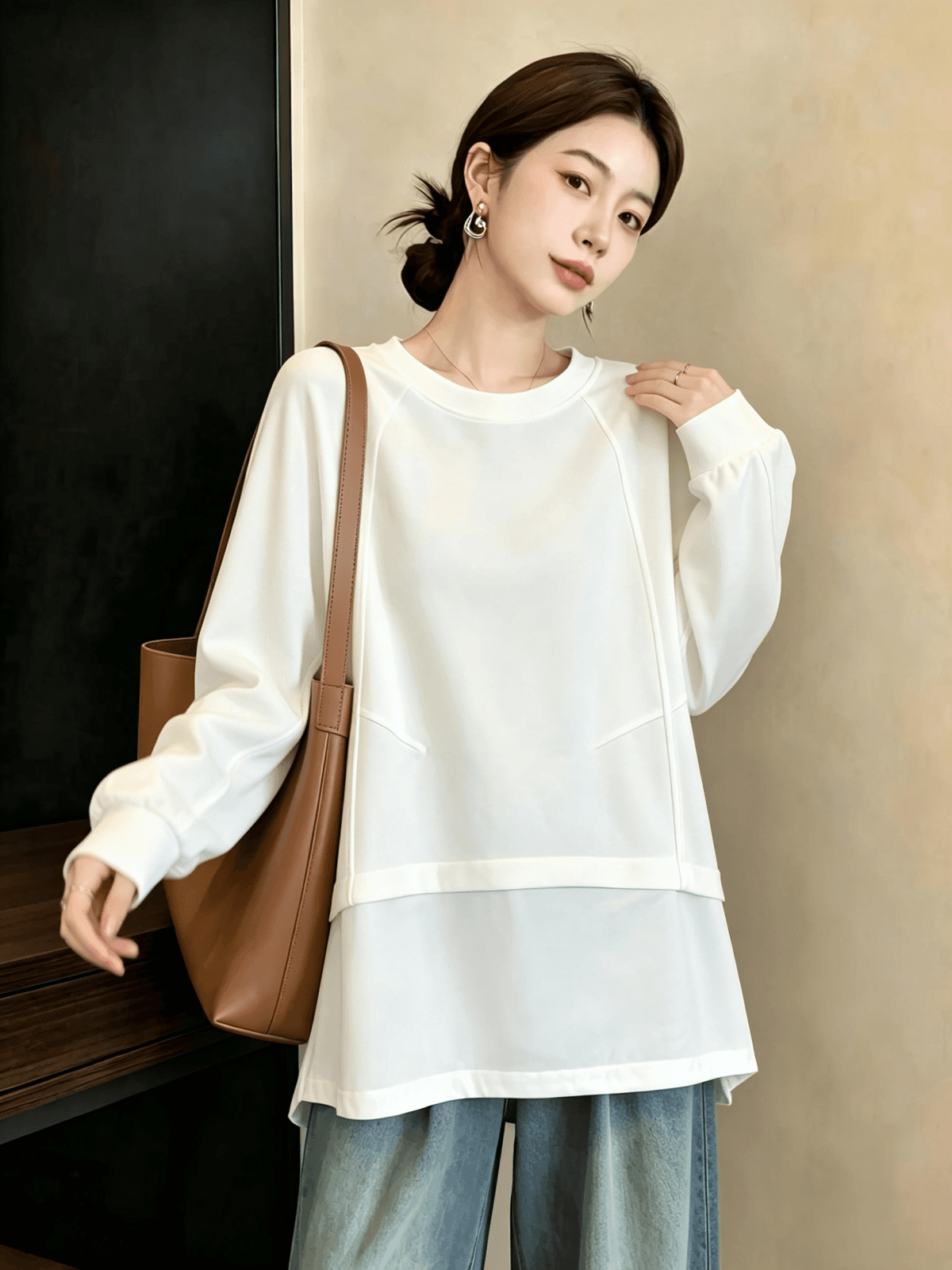 실사 빅 사이즈 여성 가을 겨울 새로운 디자인 센스 배색 패치워크 밑단 펌프 로프 루즈핏 캐주얼 다용도 후드티 티셔츠 이미지 2