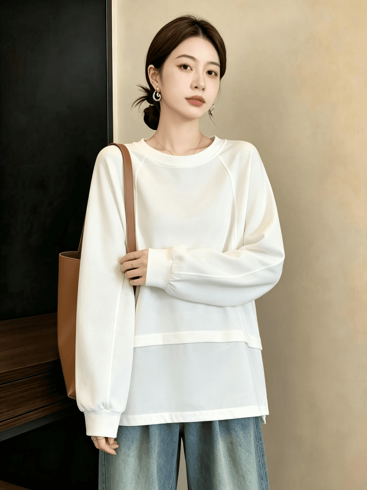 실사 빅 사이즈 여성 가을 겨울 새로운 디자인 센스 배색 패치워크 밑단 펌프 로프 루즈핏 캐주얼 다용도 후드티 티셔츠 상세 이미지 8