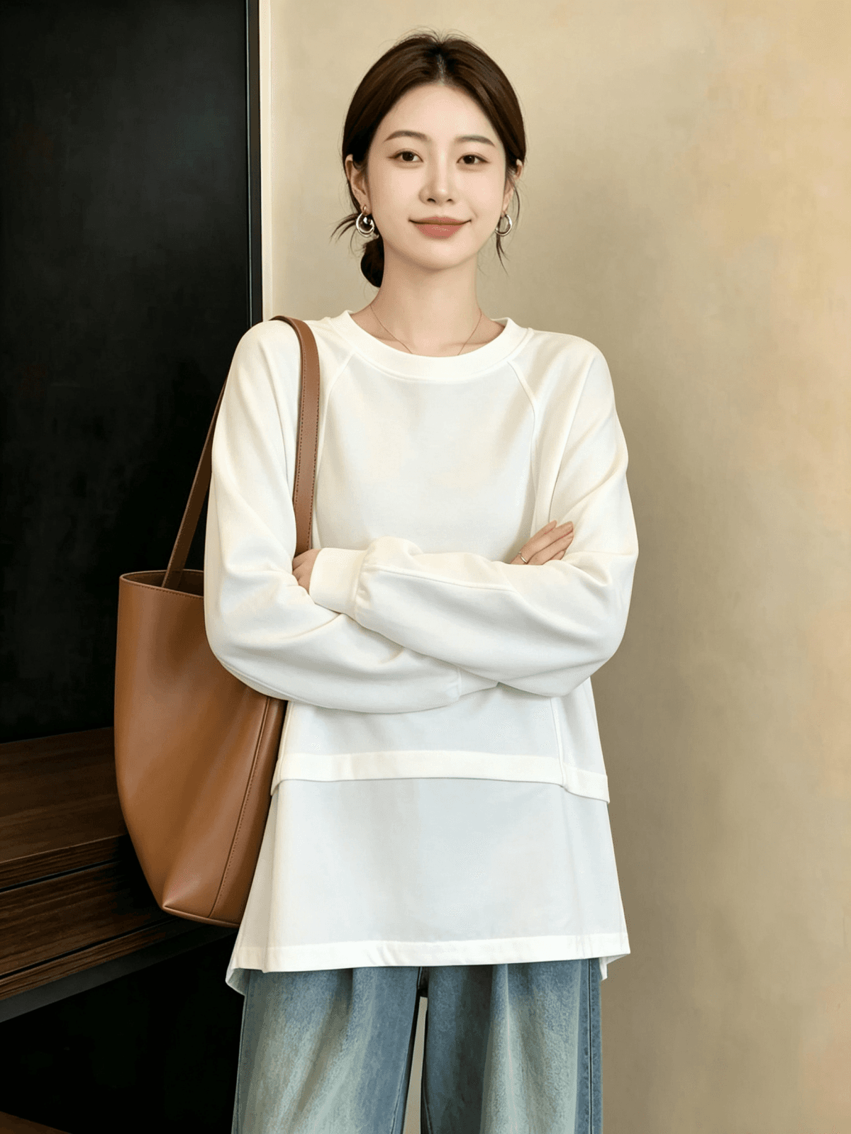 실사 빅 사이즈 여성 가을 겨울 새로운 디자인 센스 배색 패치워크 밑단 펌프 로프 루즈핏 캐주얼 다용도 후드티 티셔츠 상세 이미지 9