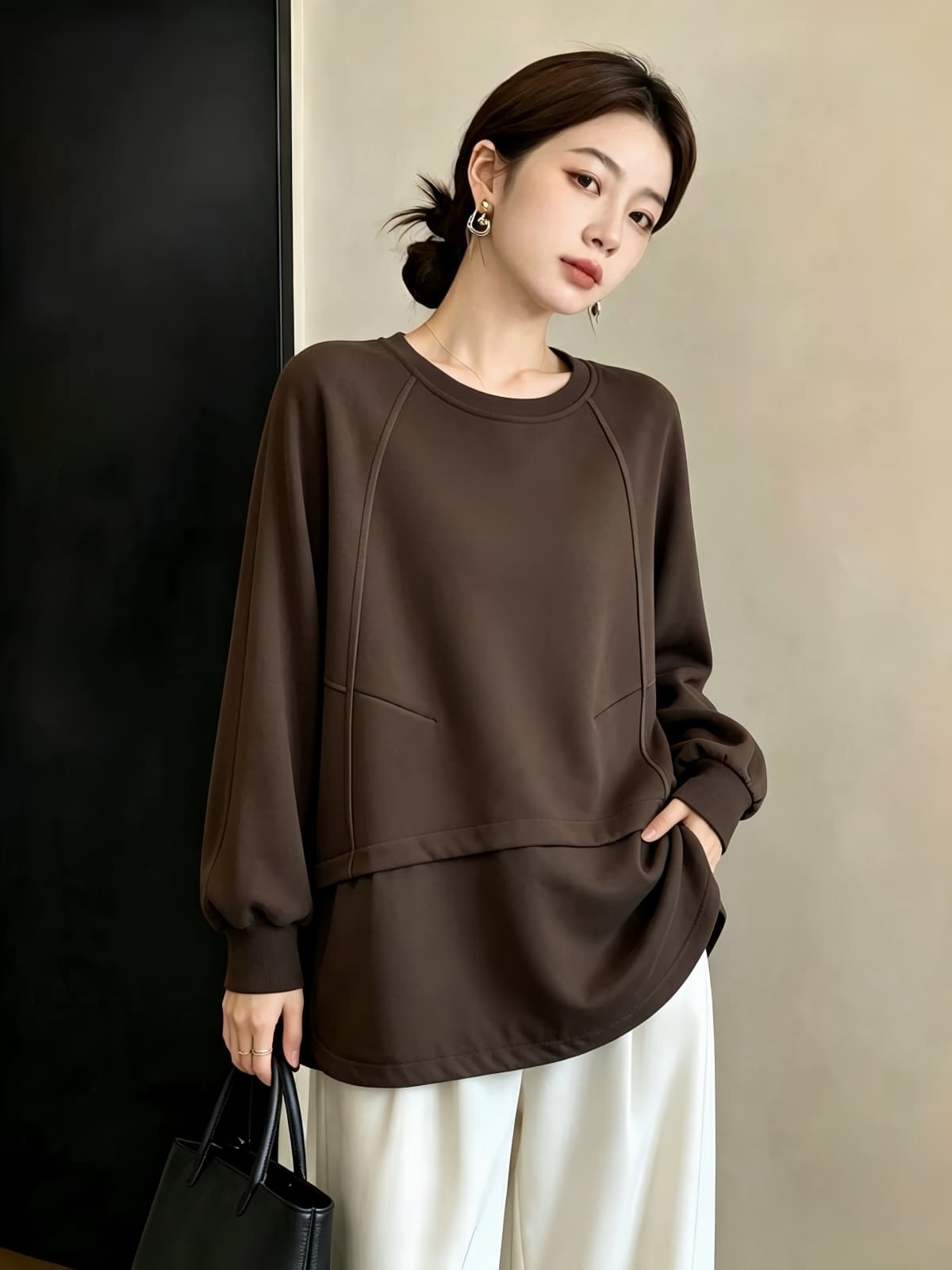 실사 빅 사이즈 여성 가을 겨울 새로운 디자인 센스 배색 패치워크 밑단 펌프 로프 루즈핏 캐주얼 다용도 후드티 티셔츠 상세 이미지 13