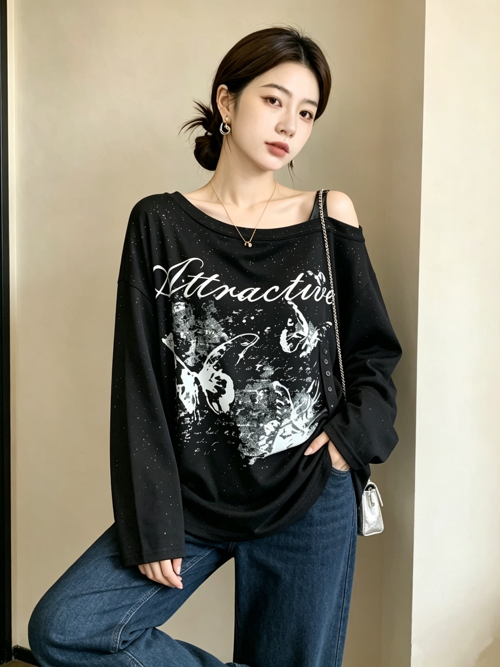 실사 빅 사이즈 여성 의류 가을 새로운 패션 프린트 비스듬한 어깨 개성 티셔츠 루즈핏 다용도 캐주얼 긴팔 맨위 상세 이미지 19