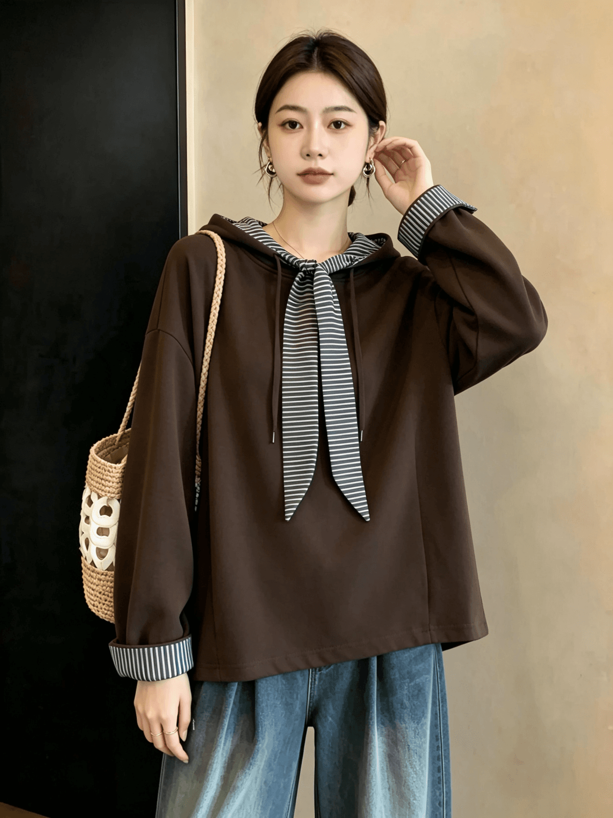 실사 빅 사이즈 여성 가을 겨울 새로운 디자인 센스 스트라이프 패치워크 외국 가스 연령 감소 캐주얼 다용도 후드 티 스웨터 티셔츠 상세 이미지 11