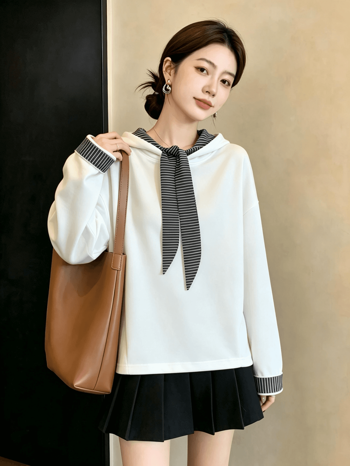 실사 빅 사이즈 여성 가을 겨울 새로운 디자인 센스 스트라이프 패치워크 외국 가스 연령 감소 캐주얼 다용도 후드 티 스웨터 티셔츠 상세 이미지 14