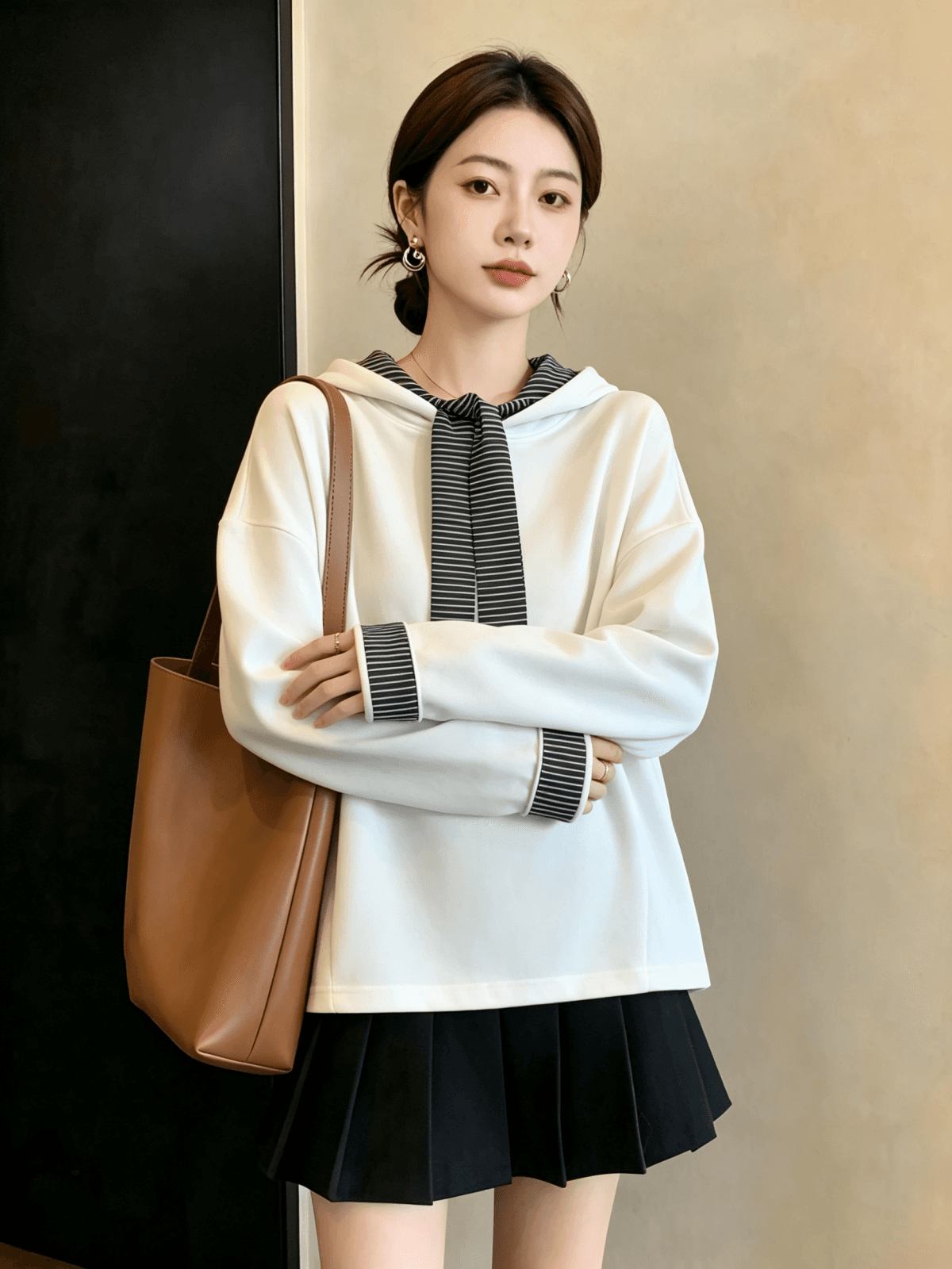 실사 빅 사이즈 여성 가을 겨울 새로운 디자인 센스 스트라이프 패치워크 외국 가스 연령 감소 캐주얼 다용도 후드 티 스웨터 티셔츠 상세 이미지 15