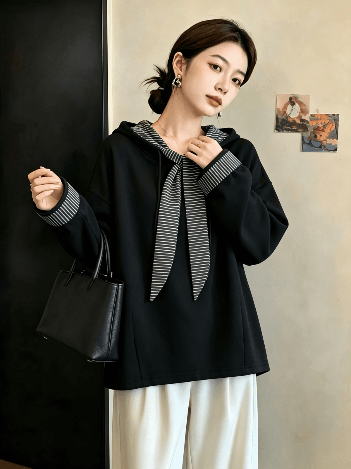 실사 빅 사이즈 여성 가을 겨울 새로운 디자인 센스 스트라이프 패치워크 외국 가스 연령 감소 캐주얼 다용도 후드 티 스웨터 티셔츠 상세 이미지 17