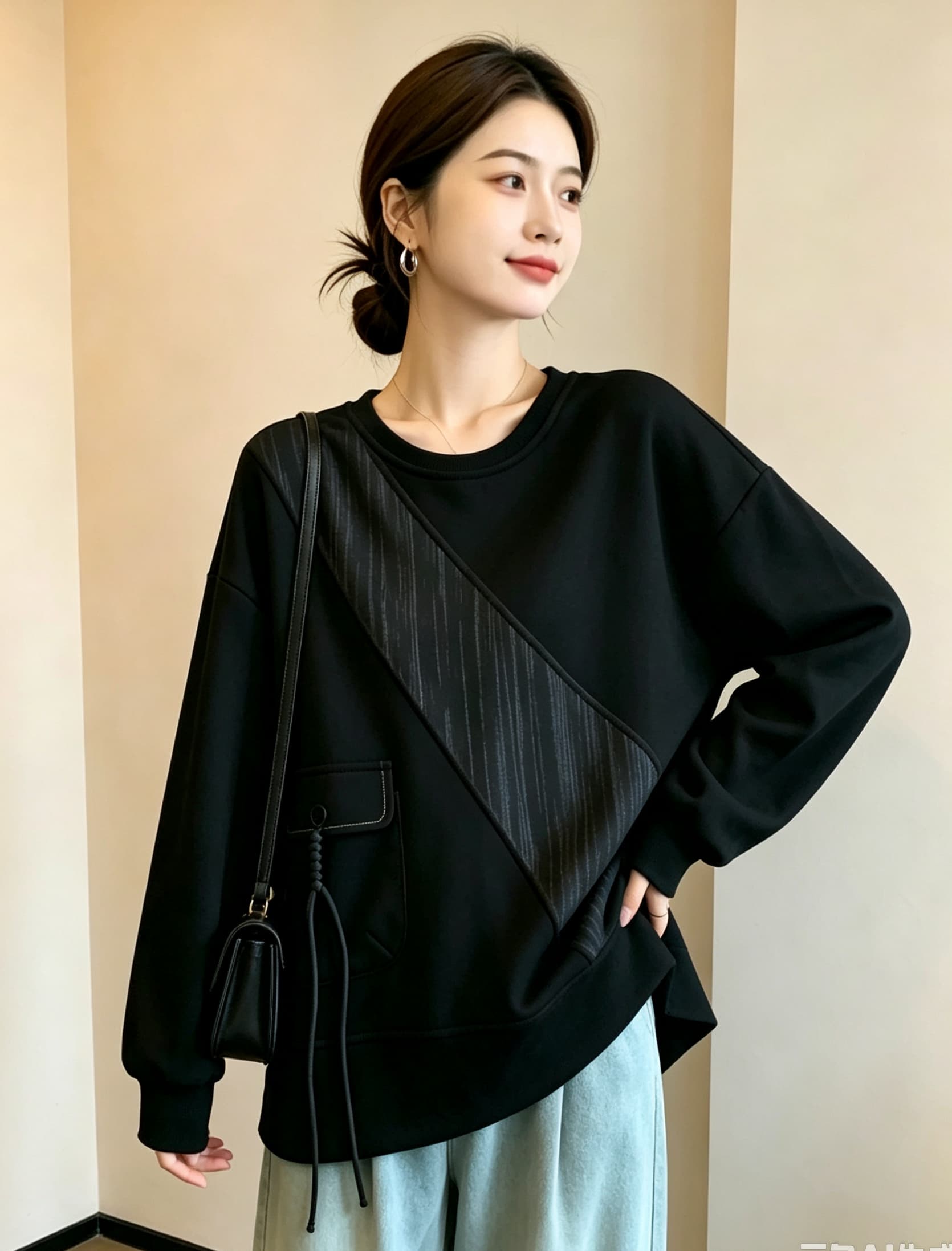 실사 빅 사이즈 가을 의상 새로운 루즈핏 캐주얼 표지 고기 슬림해 보이는 여성 의류 미니멀리즘 다용도 패치워크 긴팔 후드티 맨위 상세 이미지 16
