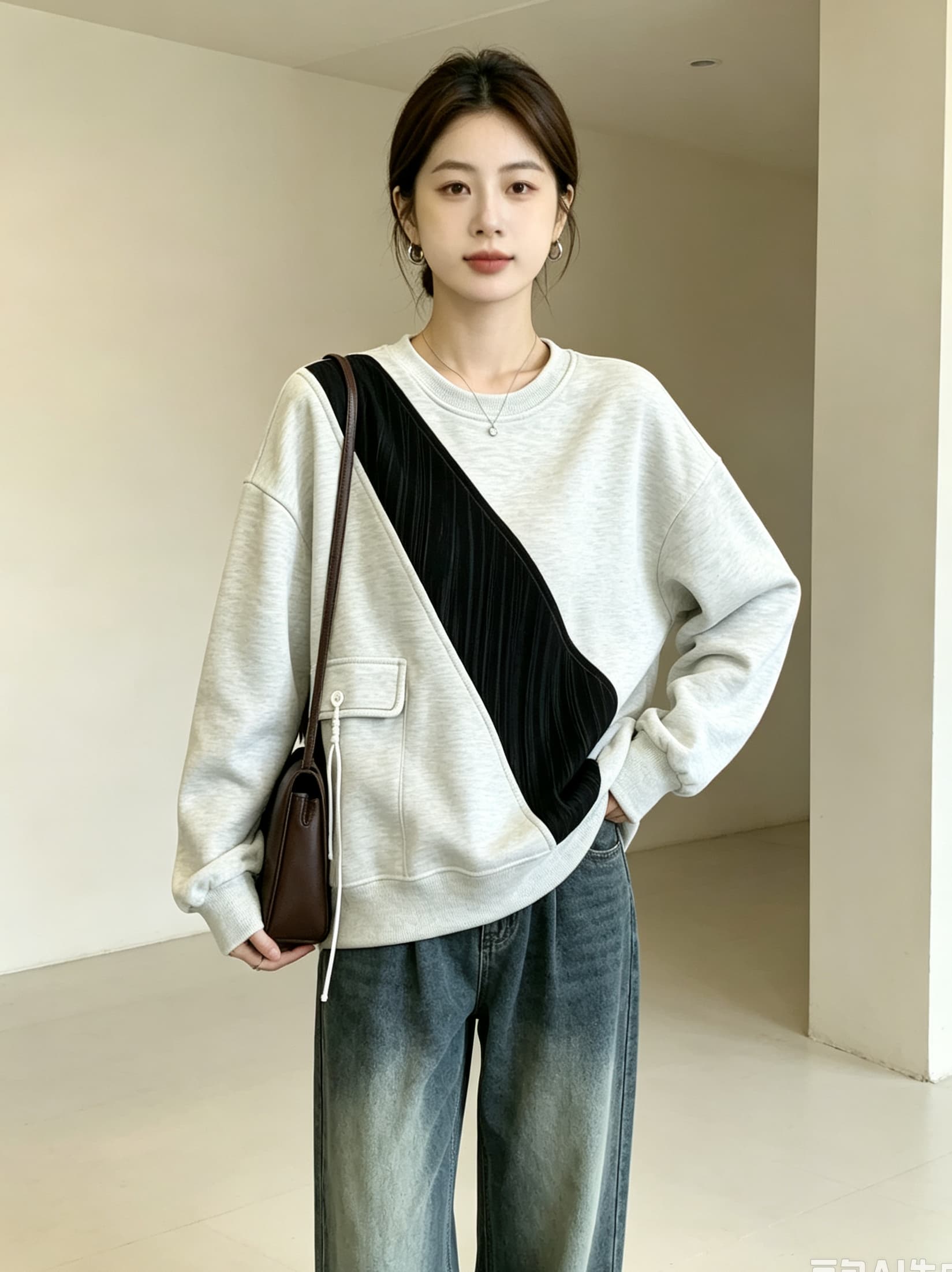 실사 빅 사이즈 가을 의상 새로운 루즈핏 캐주얼 표지 고기 슬림해 보이는 여성 의류 미니멀리즘 다용도 패치워크 긴팔 후드티 맨위 상세 이미지 20