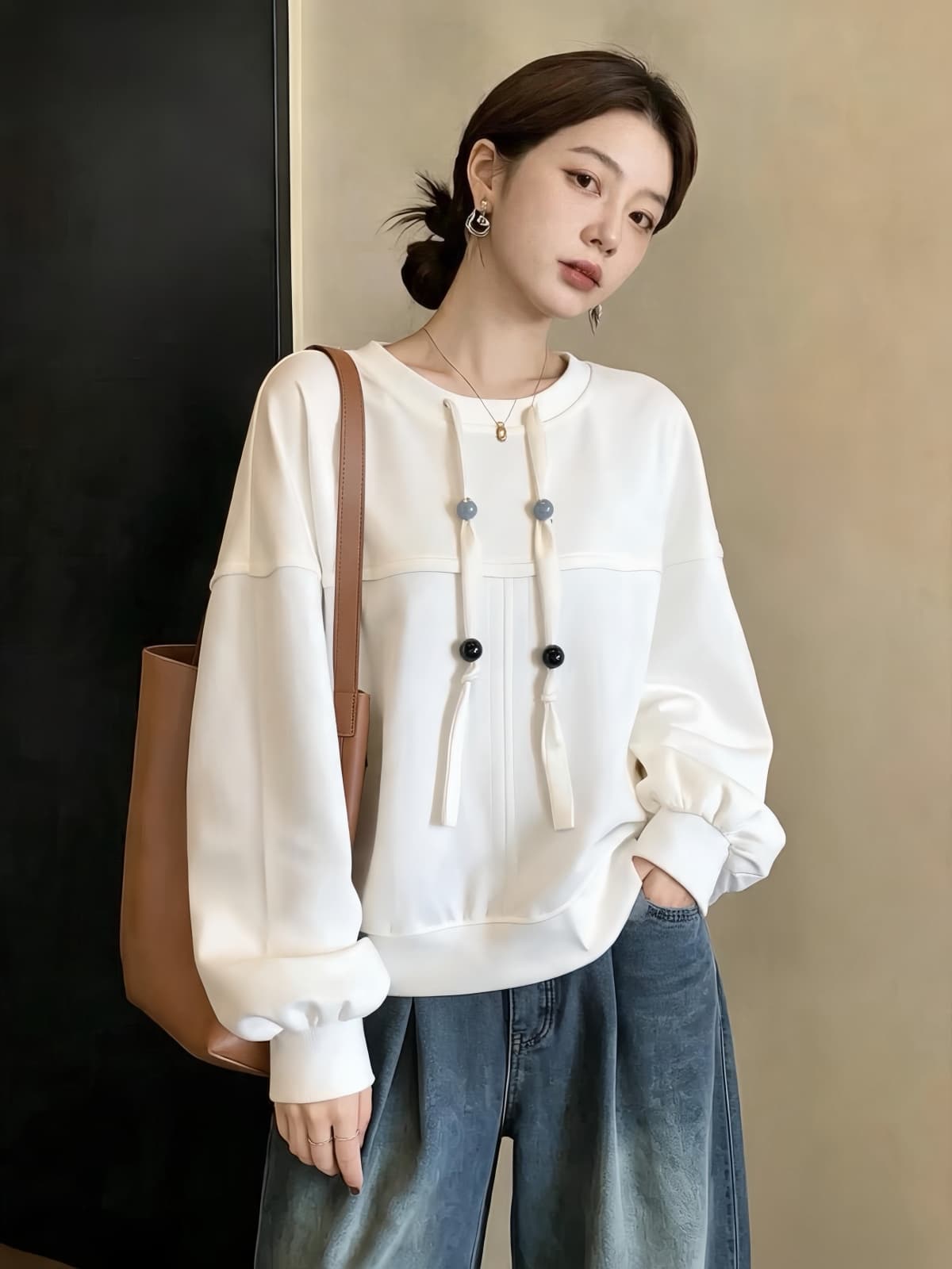 실사 빅 사이즈 가을 겨울 새로운 디자인 센스 외국 가스 연령 감소 루즈핏 캐주얼 다용도 배트윙 소매 풀오버 스웨트셔츠 티셔츠 상세 이미지 6