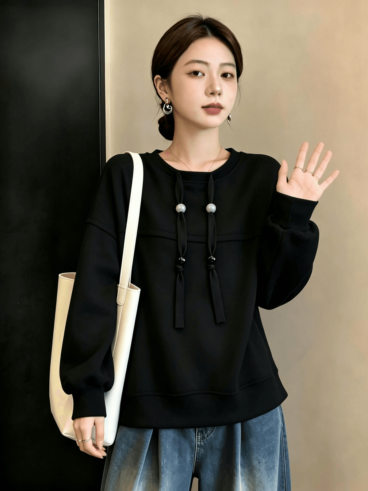 실사 빅 사이즈 가을 겨울 새로운 디자인 센스 외국 가스 연령 감소 루즈핏 캐주얼 다용도 배트윙 소매 풀오버 스웨트셔츠 티셔츠 상세 이미지 10