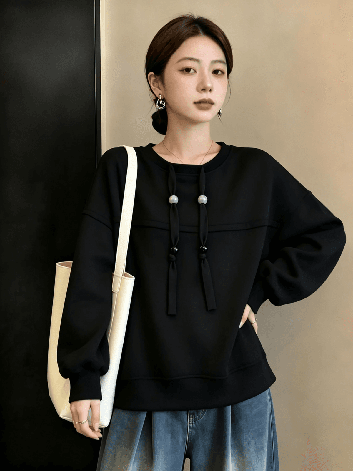 실사 빅 사이즈 가을 겨울 새로운 디자인 센스 외국 가스 연령 감소 루즈핏 캐주얼 다용도 배트윙 소매 풀오버 스웨트셔츠 티셔츠 상세 이미지 11