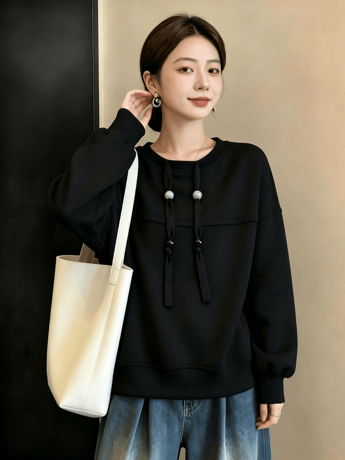 실사 빅 사이즈 가을 겨울 새로운 디자인 센스 외국 가스 연령 감소 루즈핏 캐주얼 다용도 배트윙 소매 풀오버 스웨트셔츠 티셔츠 상세 이미지 12