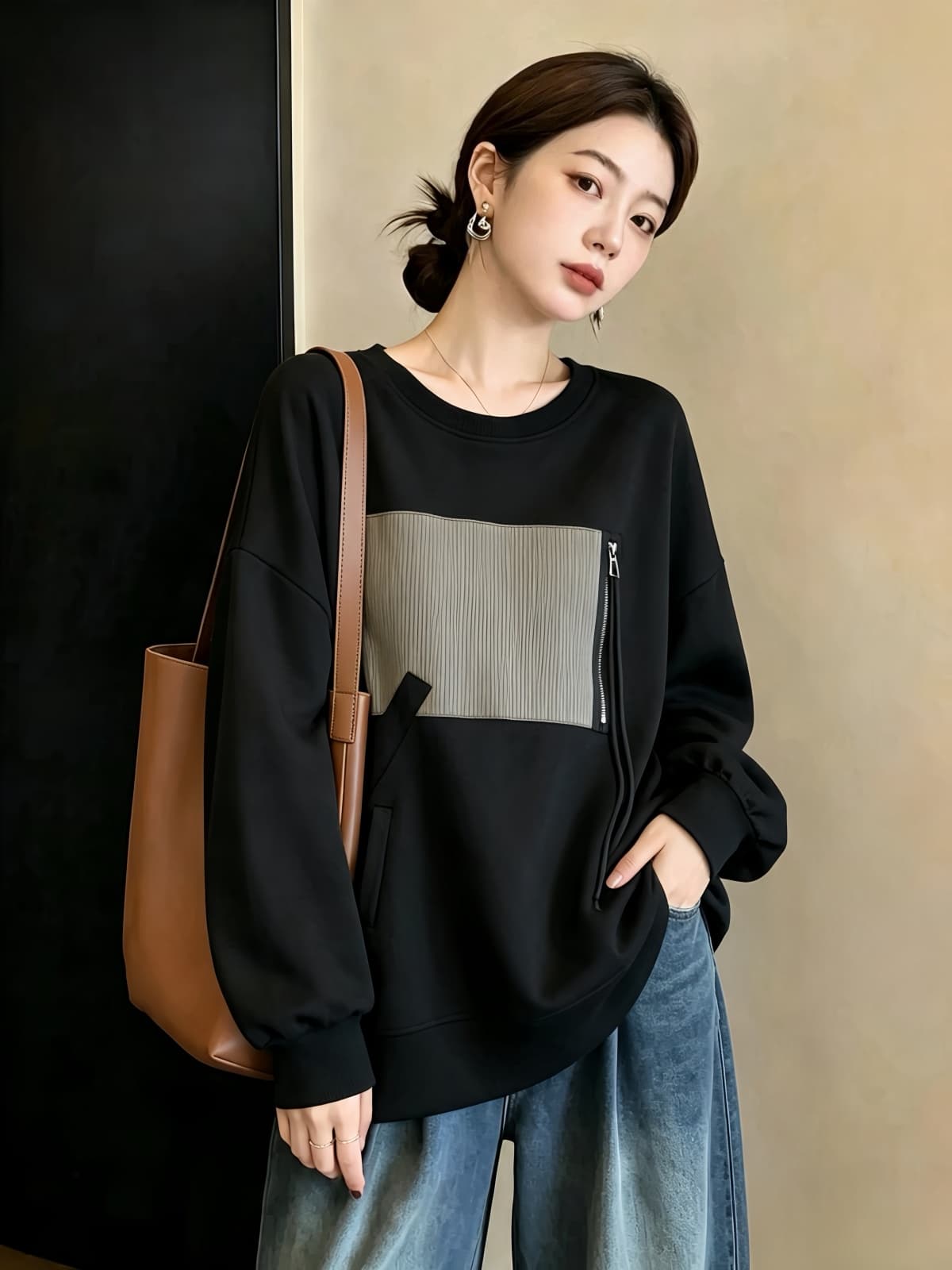 실사 빅 사이즈 여성 의류 가을 지방 mm 긴팔 티셔츠 후드티 캐주얼 긍정적 인 어깨 유럽 상품 슬림해 보이는 외국 가스 Chic 맨위 이미지 2