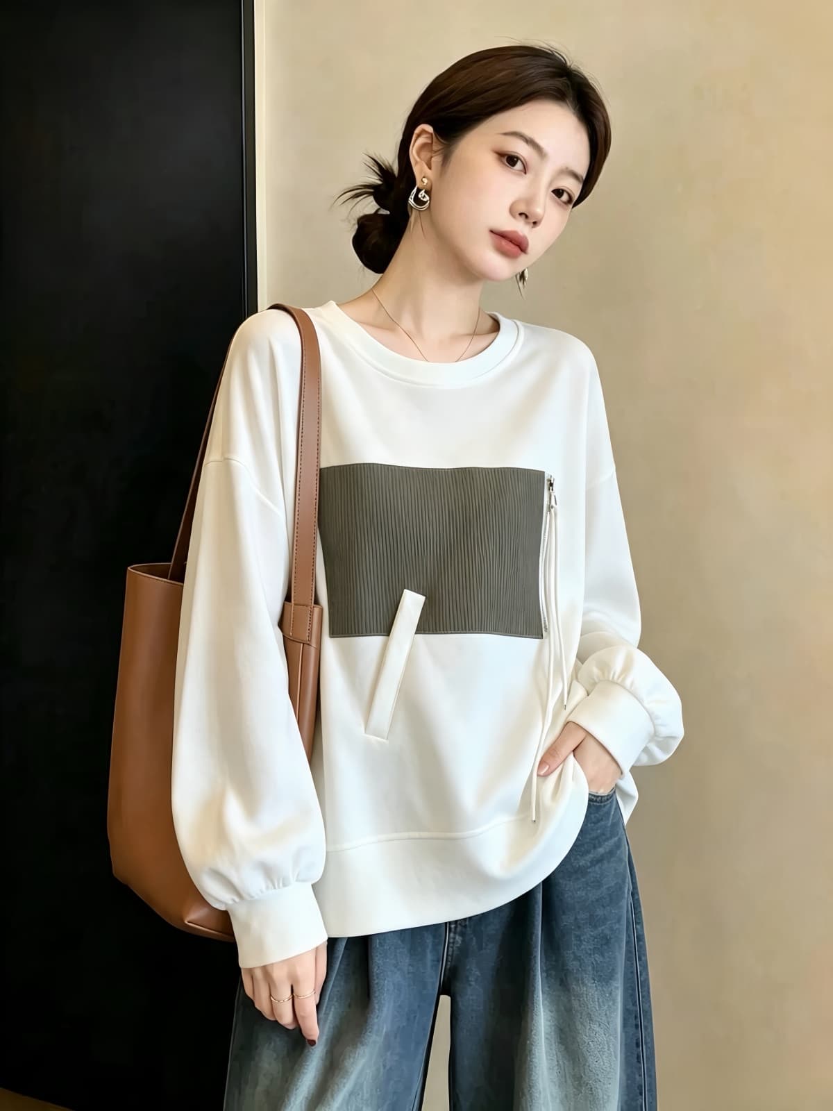 실사 빅 사이즈 여성 의류 가을 지방 mm 긴팔 티셔츠 후드티 캐주얼 긍정적 인 어깨 유럽 상품 슬림해 보이는 외국 가스 Chic 맨위 이미지 3