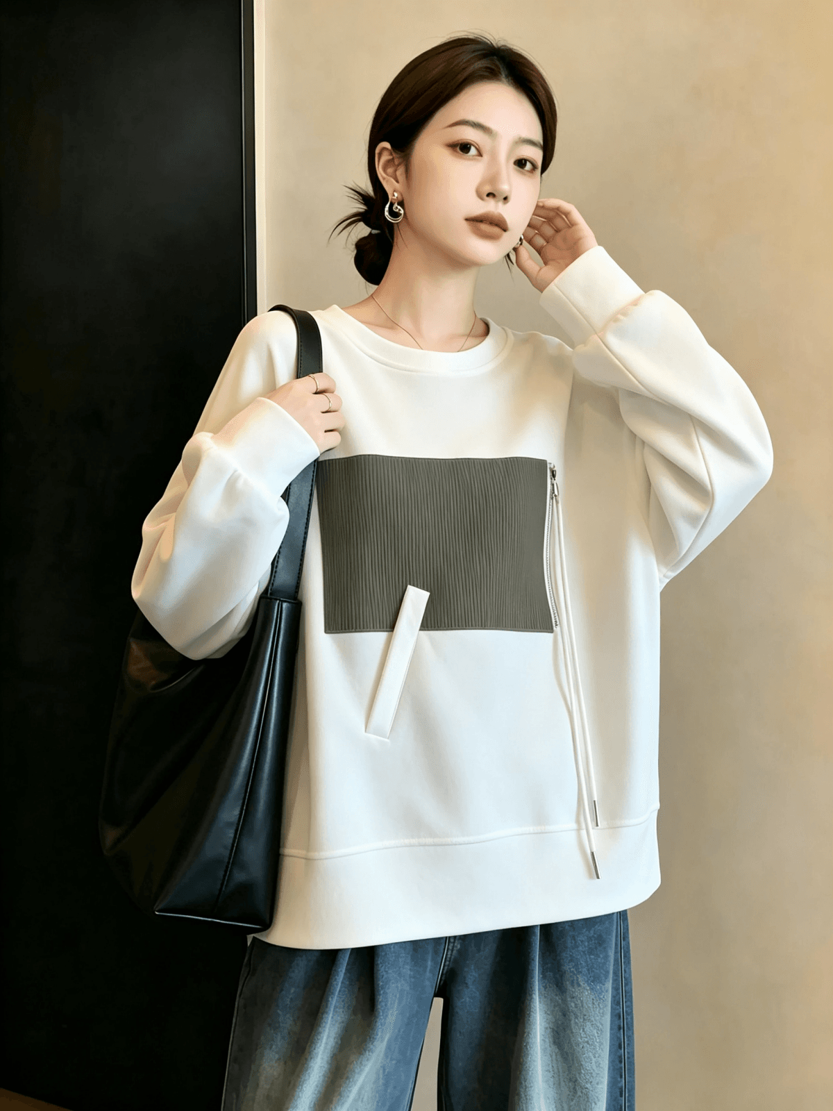 실사 빅 사이즈 여성 의류 가을 지방 mm 긴팔 티셔츠 후드티 캐주얼 긍정적 인 어깨 유럽 상품 슬림해 보이는 외국 가스 Chic 맨위 상세 이미지 9