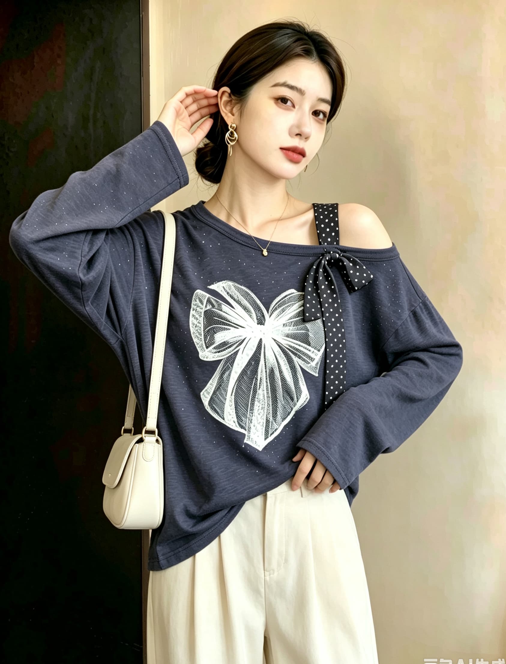 실사 빅 사이즈 여성 의류 나비 프린트 다용도 티셔츠 긴팔 가을 루즈핏 디자인 센스 비스듬한 어깨 리본 맨위 상세 이미지 6