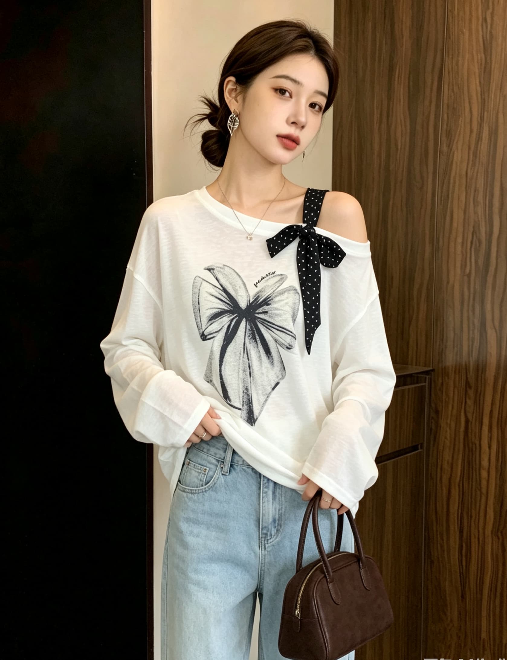실사 빅 사이즈 여성 의류 나비 프린트 다용도 티셔츠 긴팔 가을 루즈핏 디자인 센스 비스듬한 어깨 리본 맨위 상세 이미지 9
